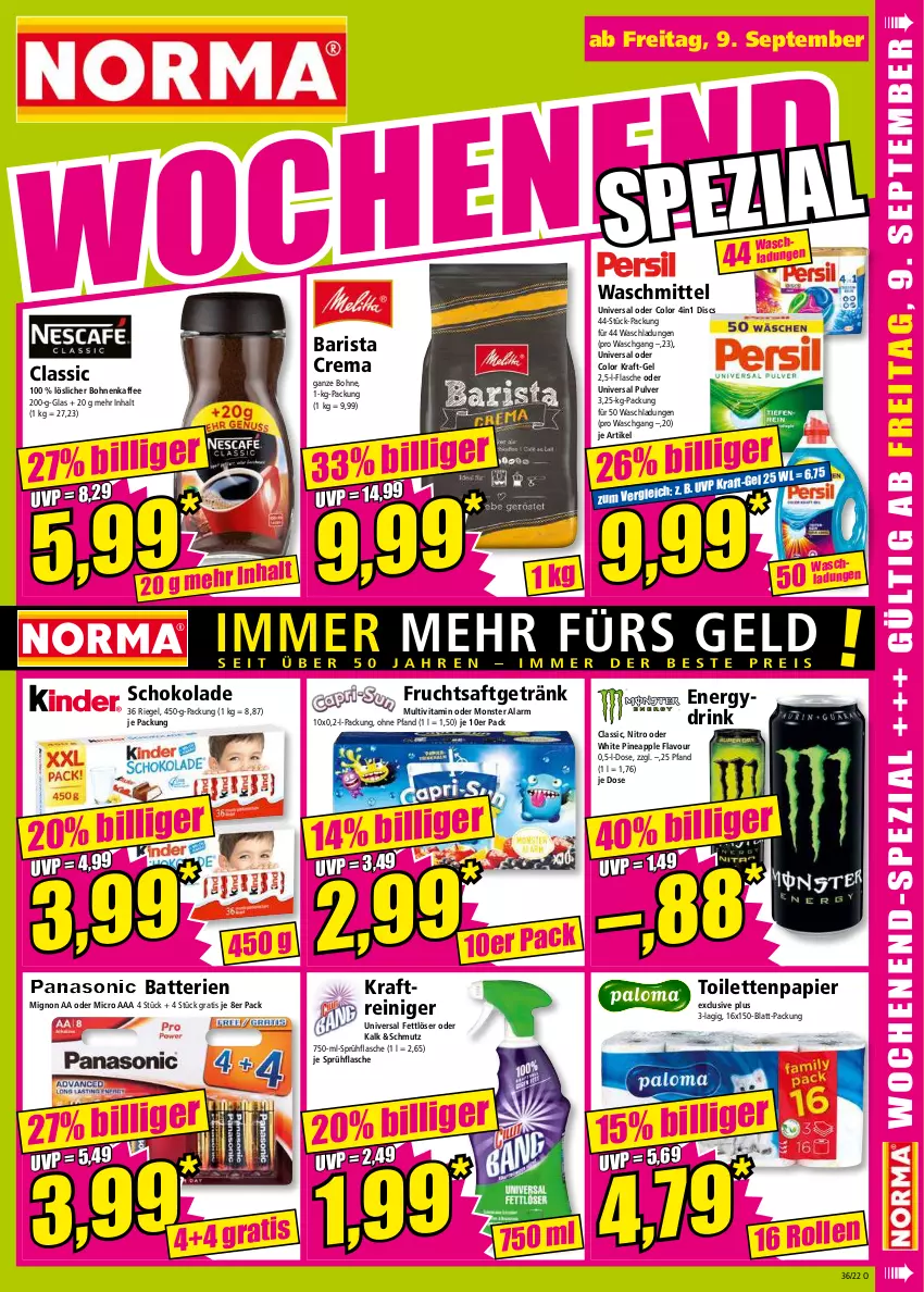 Aktueller Prospekt Norma - Norma - von 05.09 bis 12.09.2022 - strona 15 - produkty: Apple, batterie, batterien, bohne, bohnen, bohnenkaffee, drink, Fettlöser, flasche, frucht, fruchtsaft, fruchtsaftgetränk, getränk, kaffee, kraft, löslicher bohnenkaffee, monster, papier, reiniger, riegel, saft, schoko, schokolade, sprühflasche, Ti, toilettenpapier, universal pulver, vita, waschmittel