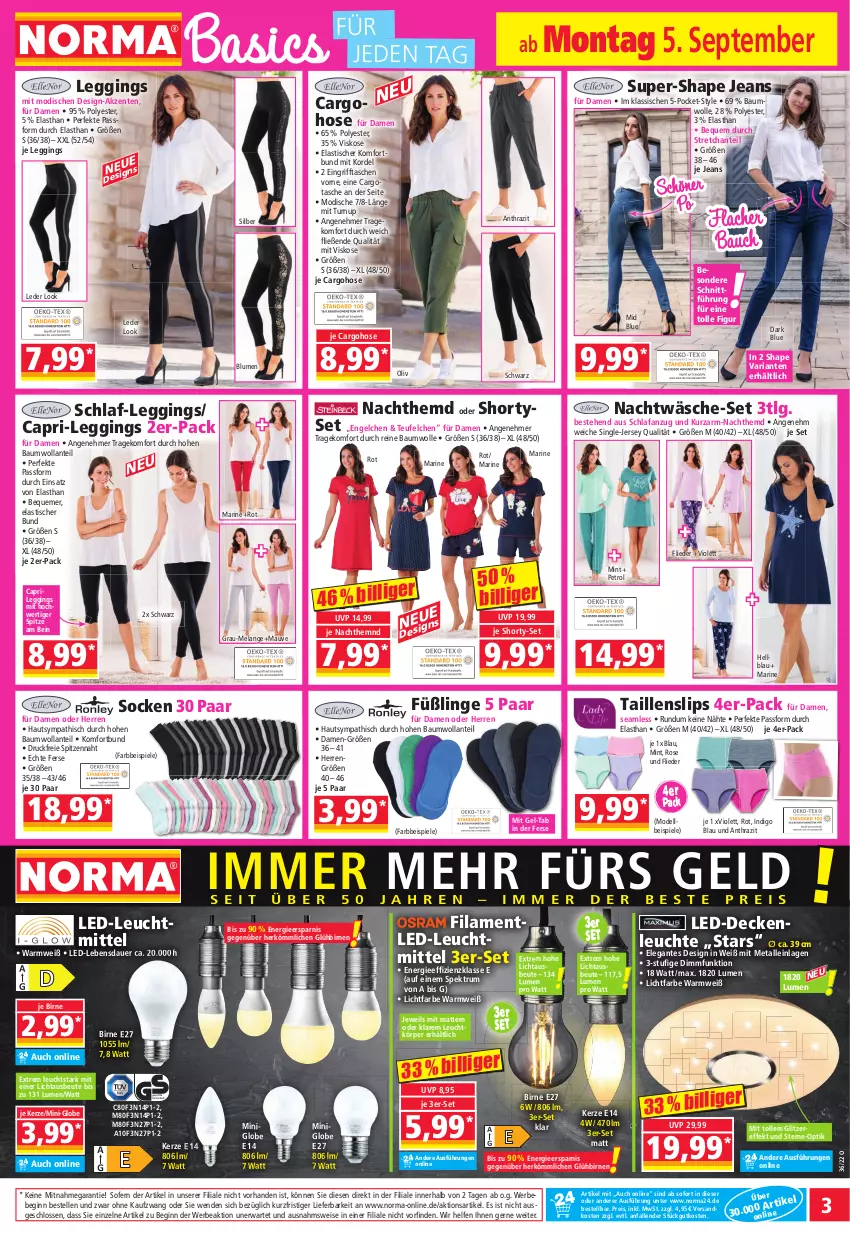 Aktueller Prospekt Norma - Norma - von 05.09 bis 12.09.2022 - strona 3 - produkty: Anzug, asti, auer, Bau, baumwolle, Bebe, Birnen, blume, blumen, Cap, decke, deckenleuchte, dell, eis, Elan, elle, Engel, ente, flieder, Füßlinge, gin, hemd, hose, iglo, jeans, kerze, led-deckenleuchte, leggings, Leuchte, leuchtmittel, LG, mint, Mode, Nachthemd, ndk, pril, reine baumwolle, reis, Ria, rum, Schlafanzug, shorty, slip, slips, socken, Spektrum, Spiele, Taillenslip, Tasche, taschen, Ti, tisch, usb, wolle