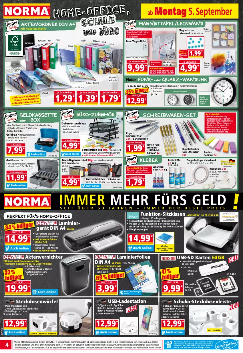 Aktueller Prospekt Norma - Norma - von 05.09 bis 12.09.2022 - strona 4 - produkty: adapter, Aktenvernichter, auto, batterie, batterien, Beba, Bebe, Bleistift, blume, blumen, Brei, din a4, eis, elle, ente, Ergee, gin, Handy, Hefte, Holz, HP, jumbo, kissen, Klammern, kleber, korb, Körbchen, Kugel, kugelschreiber, laminat, lamm, Leuchte, LG, Mett, mint, Mode, ndk, office, ordner, papier, reifen, reis, Roller, rwe, Schal, Schale, Schmetterling, schreibtisch, schreibwaren, schwamm, sitzkissen, steckdose, Steckdosenleiste, stifte, Stiftehalter, textmarker, Ti, tisch, tuc, uhr, usb, wanduhr, wasser, würfel