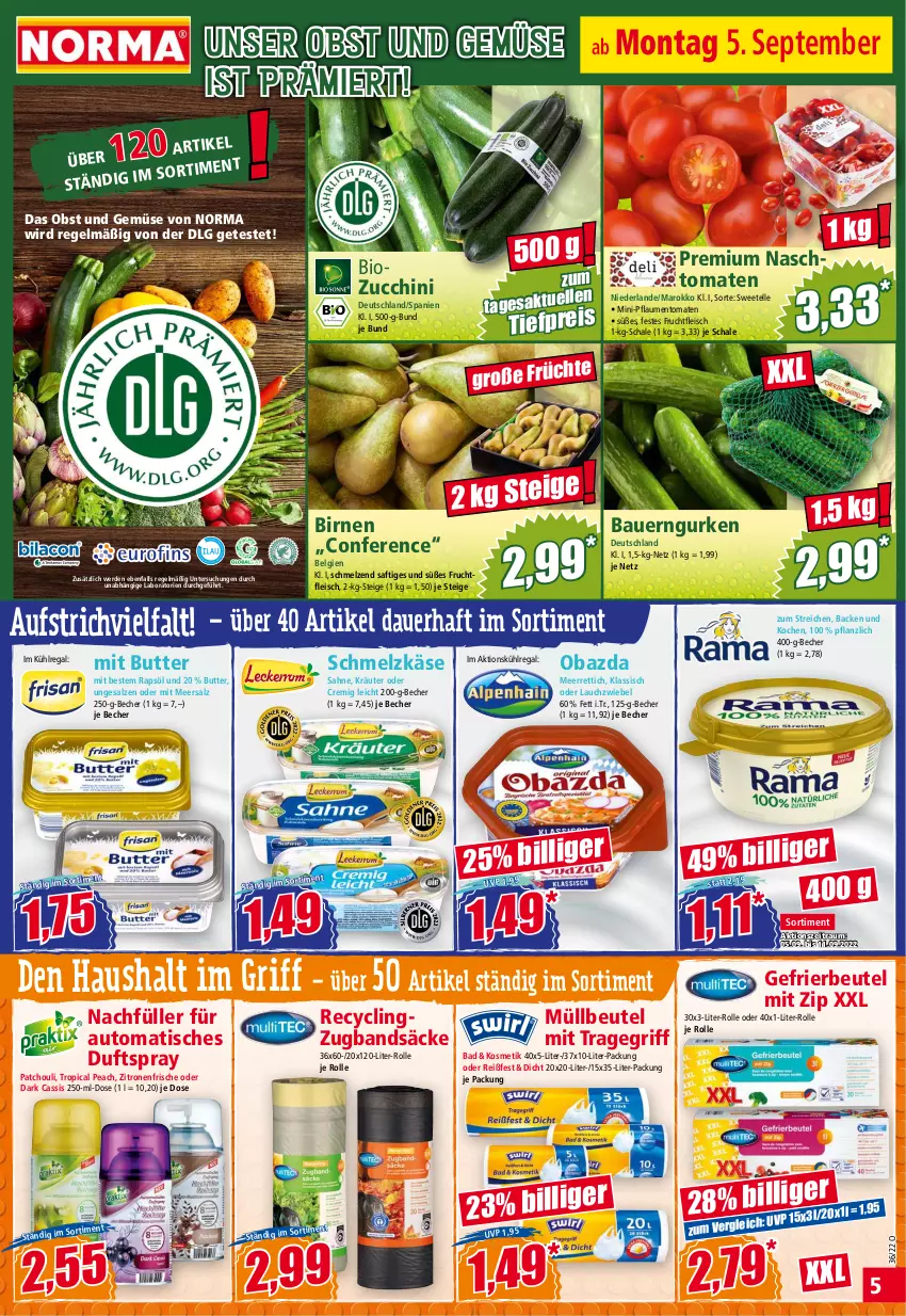 Aktueller Prospekt Norma - Norma - von 05.09 bis 12.09.2022 - strona 5 - produkty: auer, aufstrich, auto, Bad, Bau, Bauer, Becher, beutel, bio, Birnen, butter, cassis, Clin, Duftspray, eis, elle, erde, fleisch, frucht, fruchtfleisch, gefrierbeutel, gurke, gurken, Käse, kosmetik, kräuter, kühlregal, Lauchzwiebel, LG, meerrettich, meersalz, müllbeutel, obazda, obst, Obst und Gemüse, pflaume, pflaumen, rapsöl, regal, reis, Rettich, saft, sahne, salz, Schal, Schale, Schmelzkäse, Ti, tiefpreis, tisch, tomate, tomaten, tragegriff, und gemüse, zitrone, zitronen, zucchini, zwiebel