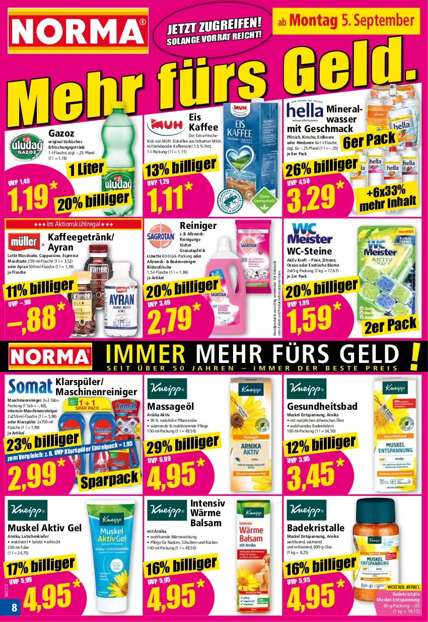 Aktueller Prospekt Norma - Norma - von 05.09 bis 12.09.2022 - strona 8 - produkty: ACC, aktiv gel, Alwa, apfel, Ayran, Bad, Badekristalle, balsam, beere, bio, biozidprodukte, blume, Blüte, Cap, cappuccino, chia, cin, eis, eiskaffee, erdbeere, erfrischungsgetränk, espresso, flasche, Gesundheit, getränk, gin, grana, granatapfel, himbeer, himbeere, kaffee, kirsch, kirsche, klarspüler, kraft, kühlregal, latte, latte macchiato, limette, mac, macchiato, maschinenreiniger, Mett, milch, mineralwasser, pfirsich, pflanze, pflanzen, Pflanzenöl, Rana, Rauch, regal, reiniger, Reinigung, reinigungstücher, rwe, Ti, tisch, tücher, wasser, WC-Steine, weck, zitrone