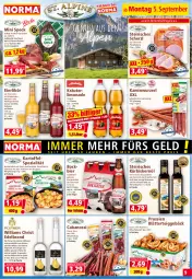 Gazetka promocyjna Norma - Norma - Gazetka - ważna od 12.09 do 12.09.2022 - strona 9 - produkty: bier, Birnen, blätterteig, blätterteiggebäck, Cabanossi, chili, eier, eierlikör, eis, elle, flasche, gin, haselnuss, Kamin, Kaminwurz, kartoffel, kartoffeln, Käse, kräuter, kühlregal, Kürbis, Kürbiskernöl, likör, limo, limonade, mac, nuss, regal, reifen, reis, schinken, schoko, schokolade, schokoladen, Speck, Spezi, Ti, vanille, zwiebel, zwiebeln