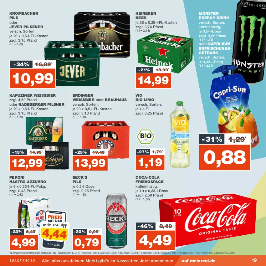 Aktueller Prospekt Real - von 06.11 bis 11.11.2023 - strona 19 - produkty: becks, Berger, bier, bio, bio limo, Cap, capri-sun, coca-cola, cola, drink, eis, energy drink, erdinger, erfrischungsgetränk, getränk, heineken, jever, jever pilsener, krombache, krombacher, krombacher pils, limo, monster, Monster Energy, Peroni, pils, pilsener, pilsner, radeberger, radeberger pilsner, reis, Ti, vio bio limo, weissbier, ZTE