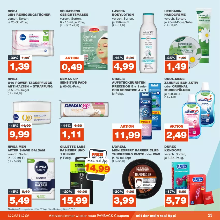 Aktueller Prospekt Real - von 06.11 bis 11.11.2023 - strona 23 - produkty: after shave, aufsteckbürsten, balsam, body, bodylotion, bürste, bürsten, cin, coupon, coupons, creme, Durex, eis, fleisch, Gesichtsmaske, gillette, gin, handcreme, je 50-ml-tiegel, Kondome, lavera, Lotion, Maske, mundspülung, nivea, Nivea Men, Odol, oral-b, payback, Q10, rasierer, Reinigung, reinigungstücher, reis, Schaebens, spülung, Tagespflege, Ti, topf, tücher, ZTE