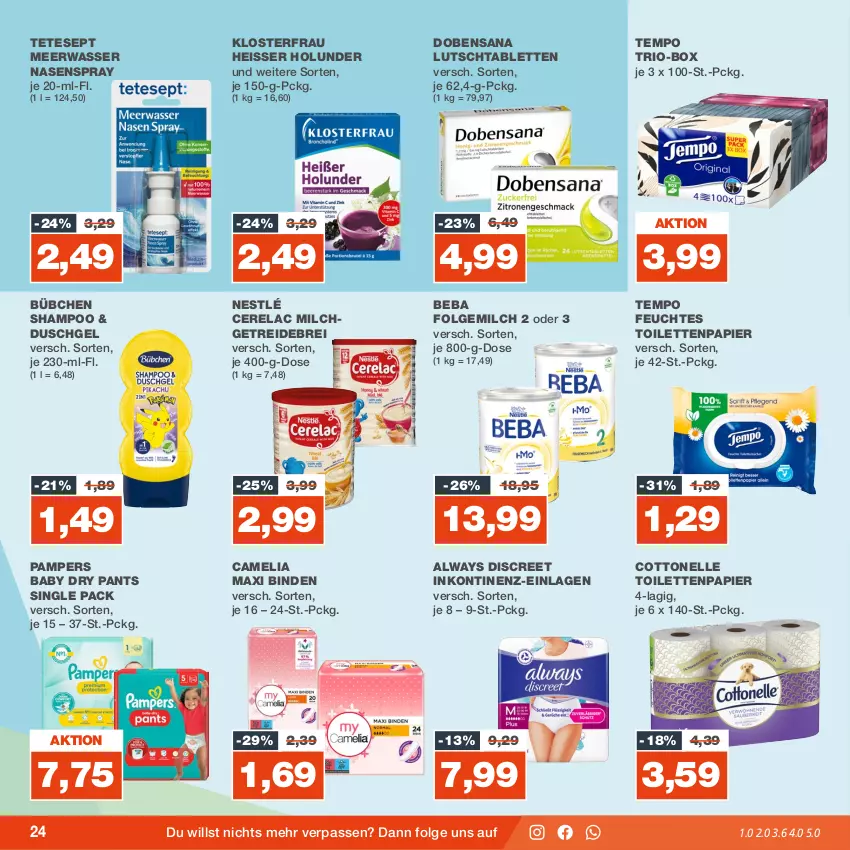 Aktueller Prospekt Real - von 06.11 bis 11.11.2023 - strona 24 - produkty: Alwa, Always, Beba, binden, Brei, bübchen, camelia, cottonelle, Discreet, duschgel, eis, elle, feuchtes toilettenpapier, folgemilch, holunder, LG, Meerwasser, milch, Nasenspray, nestlé, pampers, pampers baby dry, Pants, papier, reis, rel, sana, shampoo, tablet, tablett, Tablette, Tempo, Ti, toilettenpapier, wasser, ZTE