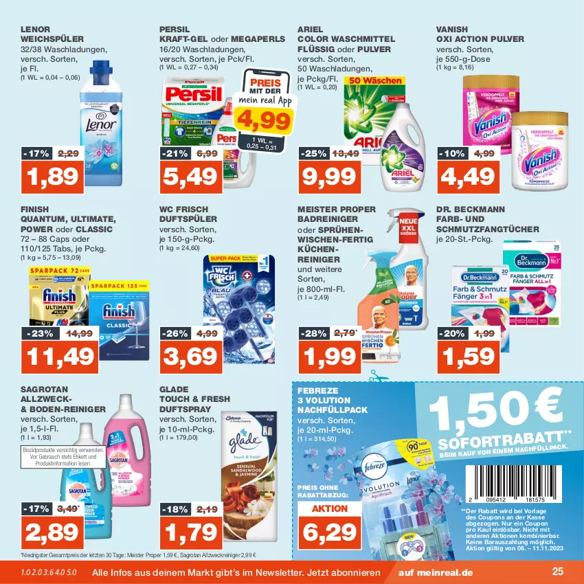 Aktueller Prospekt Real - von 06.11 bis 11.11.2023 - strona 25 - produkty: allzweckreiniger, ariel, Bad, Cap, coupon, coupons, Dr. Beckmann, Duftspray, eis, Fangtücher, febreze, Finish, Glade, kraft, küche, Küchen, lenor, lenor weichspüler, megaperls, Meister, meister proper, oxi action, persil, reiniger, reis, sagrotan, Ti, tücher, vanish, vanish oxi action, waschmittel, wc frisch, weck, weichspüler, ZTE