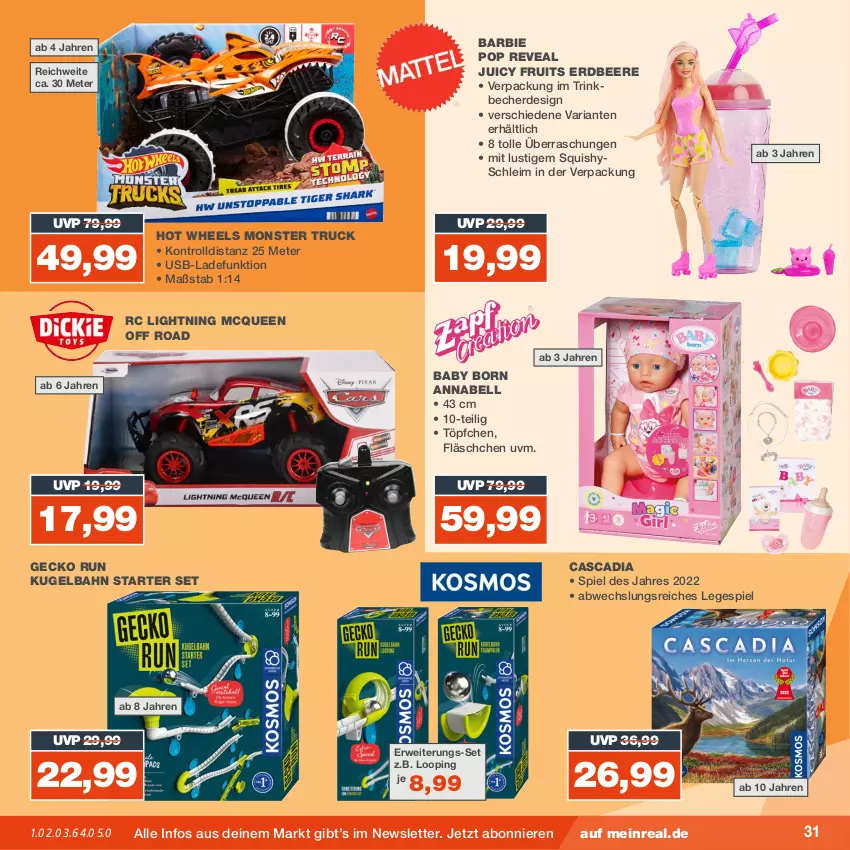 Aktueller Prospekt Real - von 06.11 bis 11.11.2023 - strona 31 - produkty: Barbie, Becher, beere, erdbeere, erde, Hot Wheels, Juicy Fruit, Kugel, Kugelbahn, Lusti, McQueen, monster, Monster Truck, Ria, rwe, Ti, Töpfchen, trinkbecher, usb