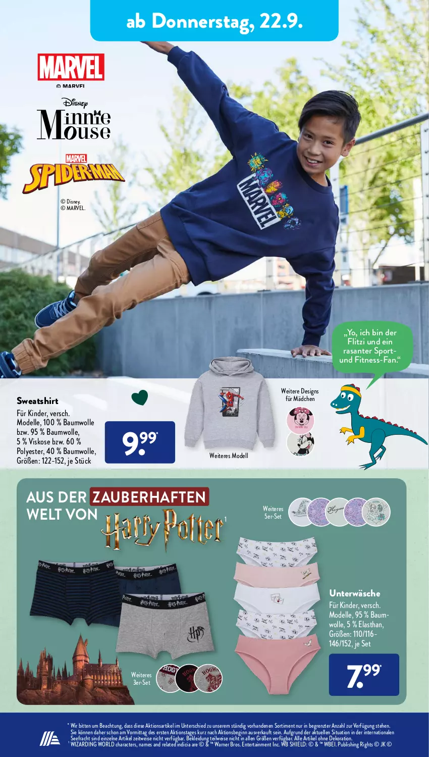 Aktueller Prospekt AldiSud - IN ZWEI WOCHEN - von 19.09 bis 24.09.2022 - strona 16 - produkty: alle artikel ohne dekoration, Bau, baumwolle, dekoration, dell, disney, eis, elle, ente, gin, Kinder, kleid, Kleidung, Mode, rel, SANTE, shirt, Sport, Sweatshirt, Ti, Unterwäsche, wolle, Yo, ZTE