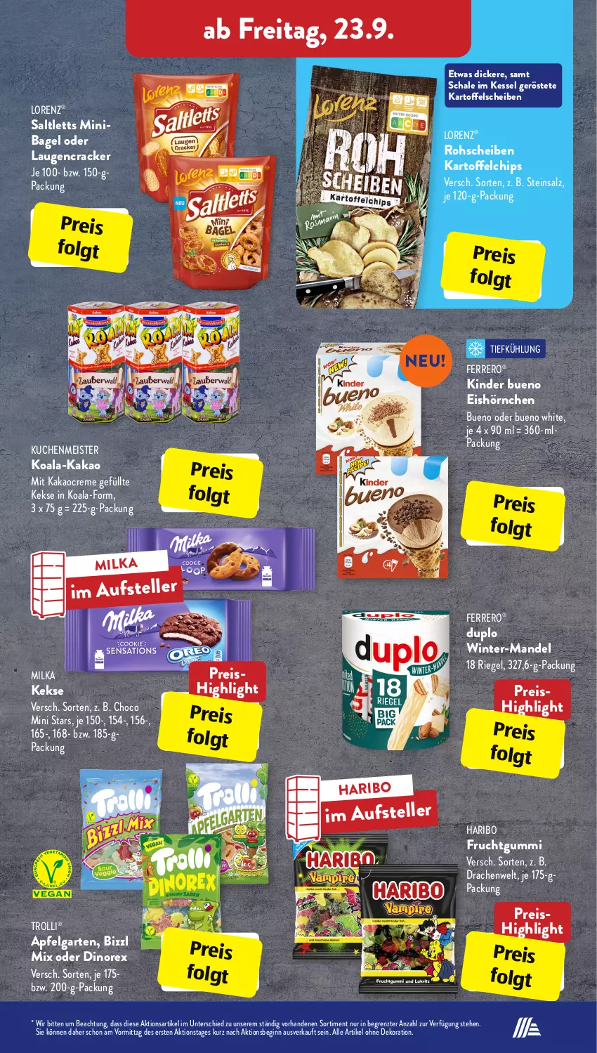 Aktueller Prospekt AldiSud - IN ZWEI WOCHEN - von 19.09 bis 24.09.2022 - strona 21 - produkty: alle artikel ohne dekoration, apfel, Bagel, chips, cracker, creme, dekoration, duplo, eis, elle, ferrero, frucht, fruchtgummi, Garten, gin, haribo, hörnchen, kakao, kartoffel, kartoffelchips, keks, kekse, Kinder, kinder bueno, kuchen, kuchenmeister, LG, lorenz, mandel, Meister, milka, reis, riegel, Rohscheiben, saltletts, salz, Schal, Schale, teller, Ti, trolli, ZTE