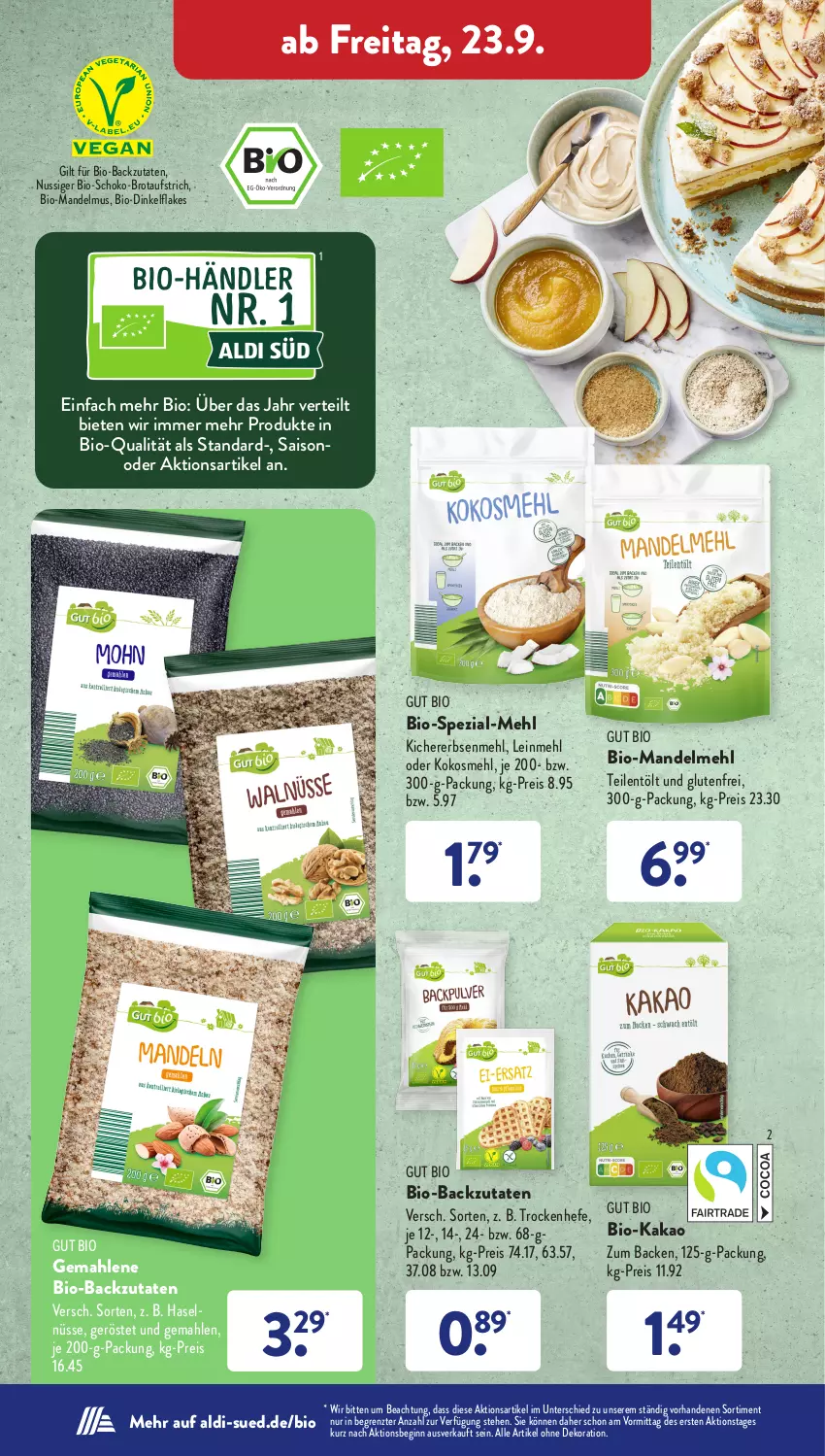 Aktueller Prospekt AldiSud - IN ZWEI WOCHEN - von 19.09 bis 24.09.2022 - strona 26 - produkty: aldi, alle artikel ohne dekoration, aufstrich, bio, brot, brotaufstrich, dekoration, eis, erbsen, flakes, gin, Hefe, kakao, kichererbsen, kokos, mandel, Mandelmus, mehl, nuss, reis, schoko, Spezi, Ti, ZTE