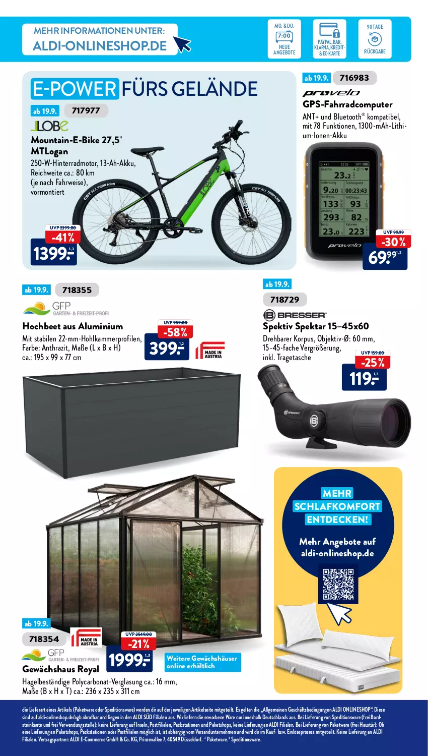 Aktueller Prospekt AldiSud - IN ZWEI WOCHEN - von 19.09 bis 24.09.2022 - strona 9 - produkty: akku, aldi, angebot, angebote, aust, Bona, computer, decke, E-Bike, eis, elle, erde, Fahrrad, Gewächshaus, GPS, LG, Liege, pute, rwe, Tasche, Ti, tragetasche