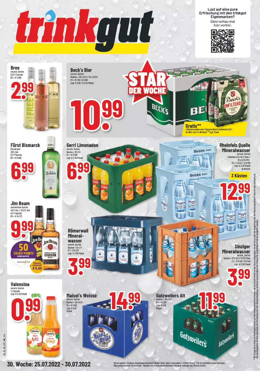 Aktueller Prospekt Trinkgut - von 25.07 bis 30.07.2022 - strona 1 - produkty: Alwa, angebot, angebotspreis, beck's, bier, bismarck, bourbon, bree, deutschlandcard, eis, elle, erde, flasche, jim beam, korn, LG, limo, limonade, limonaden, mais, mineralwasser, reis, rheinfels quelle, Ti, valensina, wasser