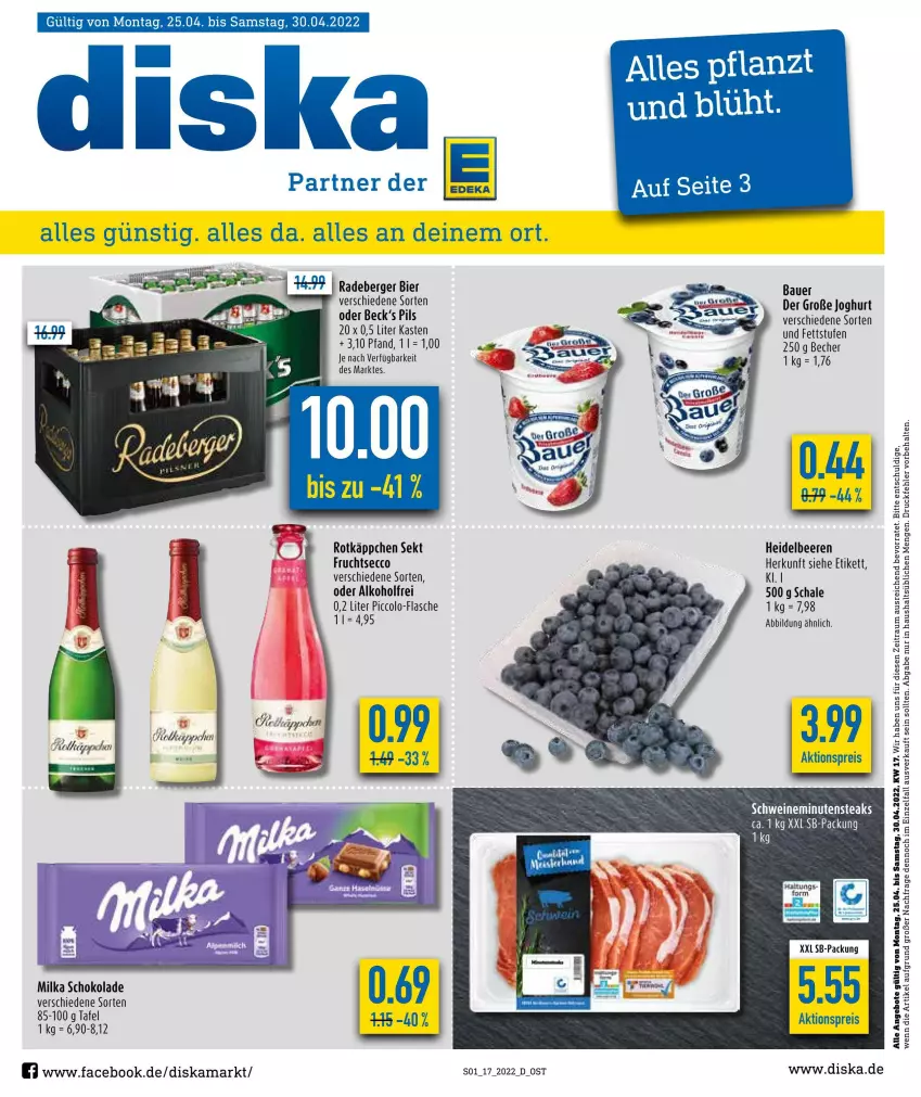 Aktueller Prospekt Diska - Prospekte - von 25.04 bis 30.04.2022 - strona 1 - produkty: alkohol, angebot, angebote, auer, Bau, Bauer, Becher, beere, beeren, Berger, bier, ecco, flasche, frucht, fruchtsecco, heidelbeere, heidelbeeren, joghur, joghurt, milka, milka schokolade, pils, radeberger, rotkäppchen, Schal, Schale, schoko, schokolade, sekt, Ti