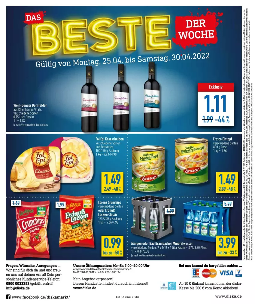 Aktueller Prospekt Diska - Prospekte - von 25.04 bis 30.04.2022 - strona 16 - produkty: Alwa, angebot, angebote, Astra, Bad, chips, crunchips, deka, eintopf, eis, ente, erasco, flasche, lorenz, lorenz crunchips, mineralwasser, ring, sac, telefon, Ti, topf, uhr, wasser, wein, weine