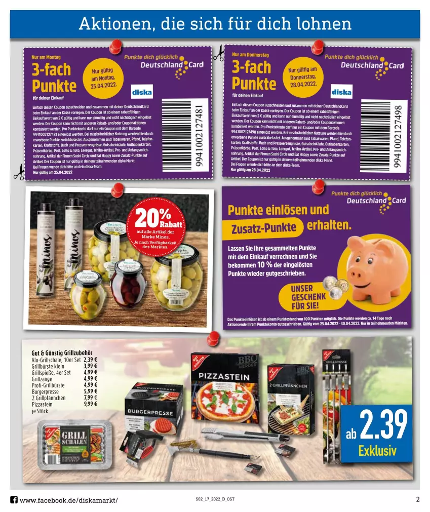 Aktueller Prospekt Diska - Prospekte - von 25.04 bis 30.04.2022 - strona 2 - produkty: arlo, beko, buch, burger, bürste, coupon, deutschlandcard, erde, grill, Grillspieße, grillzange, Grillzubehör, guthabenkarte, gutschein, kraft, LG, Mett, pizza, ritter, Schal, Schale, Sushi, tee, telefon, Ti