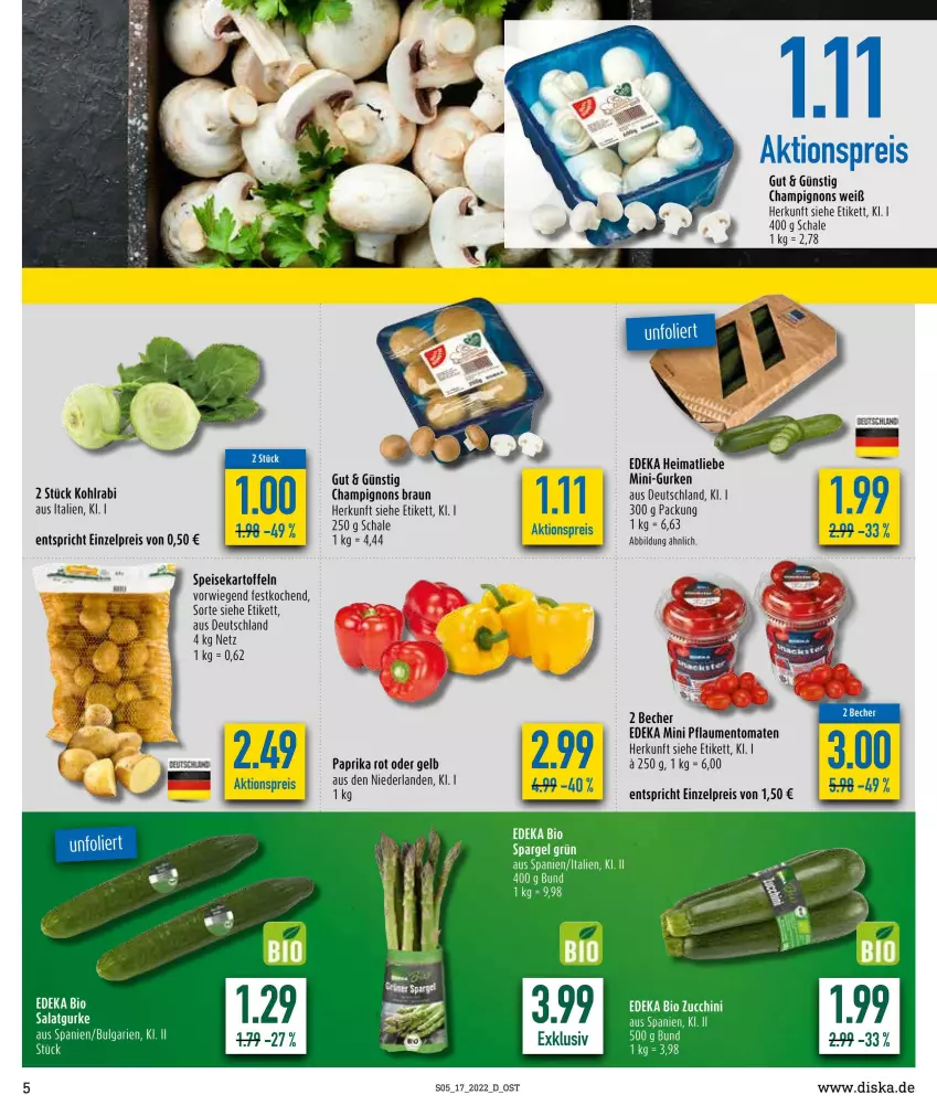 Aktueller Prospekt Diska - Prospekte - von 25.04 bis 30.04.2022 - strona 5 - produkty: aktionspreis, Becher, bio, braun, champignon, champignons, champignons braun, deka, edeka bio, eis, gurke, gurken, kartoffel, kartoffeln, kohlrabi, LG, mini-gurken, paprika, paprika rot, pflaume, pflaumen, reis, Schal, Schale, speisekartoffeln, tee, Ti, tomate, tomaten