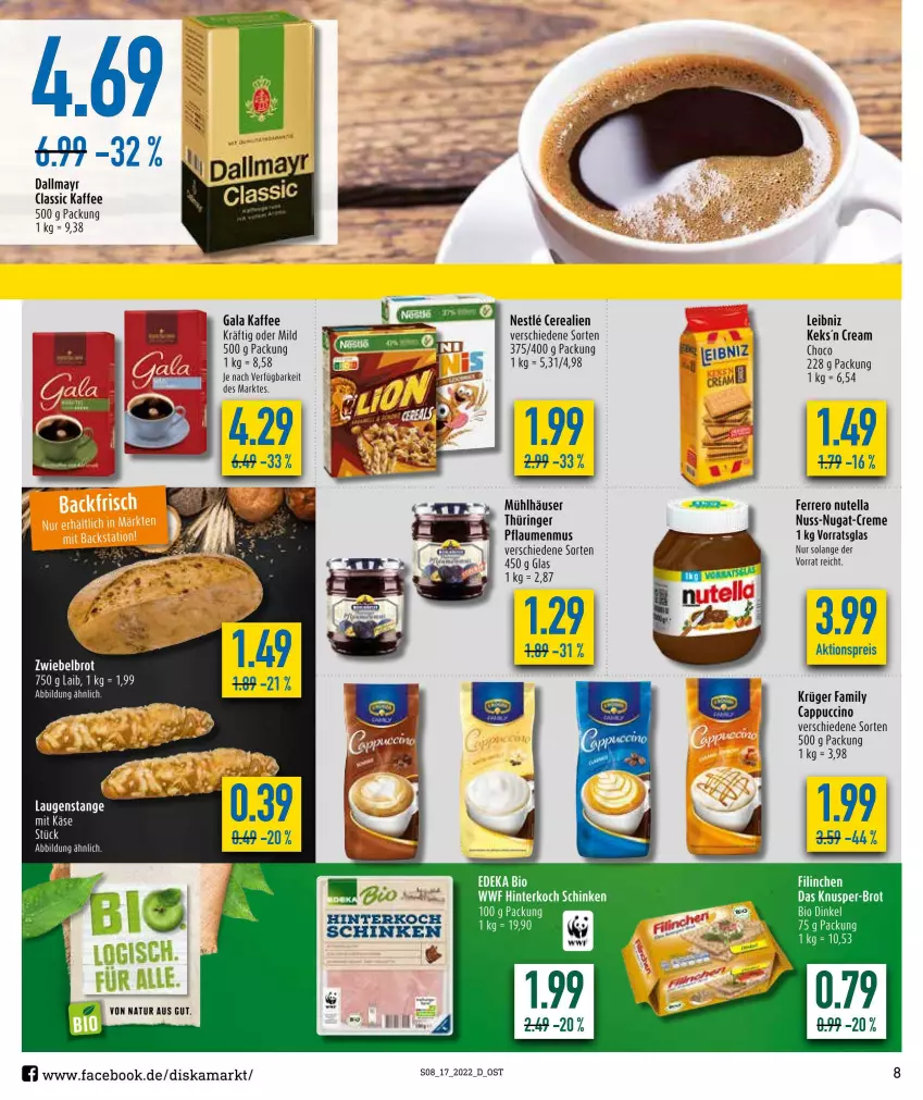 Aktueller Prospekt Diska - Prospekte - von 25.04 bis 30.04.2022 - strona 8 - produkty: aktionspreis, brot, Cap, cappuccino, cerealien, cin, dallmayr, eis, ferrero, kaffee, keks, Knusper-Brot, krüger, leibniz, mühlhäuser, natur, nuss, nutella, pflaume, pflaumen, pflaumenmus, reis, ring, schinken, tee, Ti, Yo, zwiebel