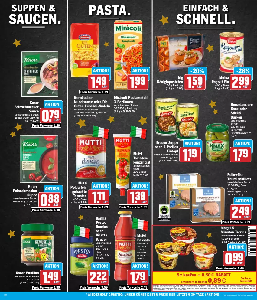 Aktueller Prospekt Aez - Prospekte - von 27.11 bis 02.12.2023 - strona 10 - produkty: AEZ, barilla, Becher, bernbacher, beutel, Brei, coupon, eintopf, eis, erasco, feinschmecker, filet, filets, fisch, flasche, followfish, frischei-nudeln, gin, gurke, gurken, hengstenberg, knorr, maggi, meica, Mirácoli, Mutti, nudel, nudeln, pasta, Pastagericht, pastete, pesto, Ragout, reis, sauce, saucen, suppe, suppen, terrine, thunfisch, Ti, Tiere, tomate, tomaten, topf, ZTE