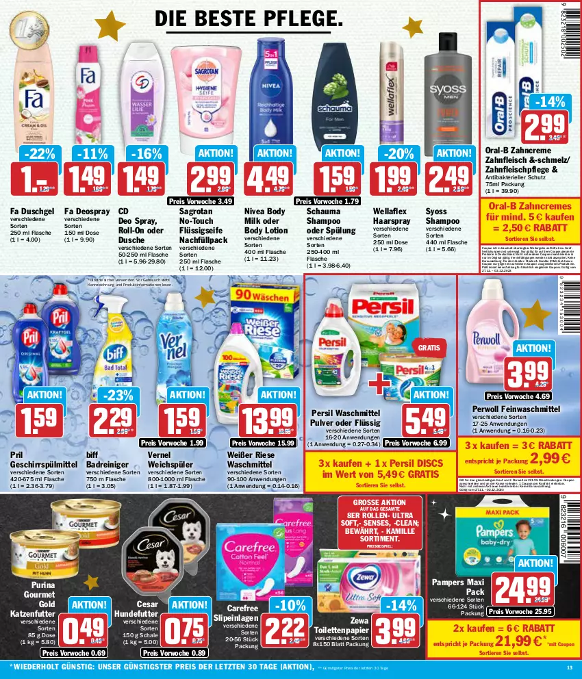 Aktueller Prospekt Aez - Prospekte - von 27.11 bis 02.12.2023 - strona 13 - produkty: Bad, biff, bio, body, body lotion, body milk, carefree, coupon, coupons, creme, deo, deo spray, deospray, dusche, duschgel, eis, elle, erde, fa duschgel, feinwaschmittel, flasche, fleisch, flüssigseife, geschirr, geschirrspülmittel, gin, gourmet gold, haarspray, HP, Kamill, kamille, katzenfutter, Lotion, nivea, oral-b, pampers, papier, persil, persil waschmittel, perwoll, pril, purina, Rauch, reiniger, reis, roll-on, rwe, sagrotan, Schal, Schale, schauma, schauma shampoo, Seife, shampoo, shampoo oder spülung, slip, slipeinlagen, spülmittel, spülung, syoss, Ti, Tiere, toilettenpapier, vernel, waschmittel, weichspüler, Wella, wellaflex, Yo, zahncreme, zewa, ZTE