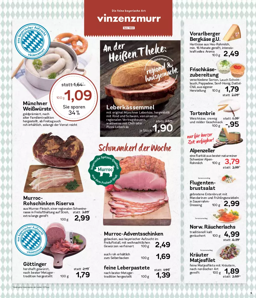 Aktueller Prospekt Aez - Prospekte - von 27.11 bis 02.12.2023 - strona 5 - produkty: auer, Bau, Bauer, Berger, Bergkäse, braten, brie, chili, dressing, eis, elle, ente, Entenbrust, fleisch, frischkäse, frischkäsezubereitung, geback, gewürz, gin, hartkäse, Heu, honig, Käse, kraft, kräuter, kräutern, lachs, leberkäs, mac, mandarine, mandarinen, matjes, milch, natur, pastete, pizza, Räucherlachs, reis, rind, riserva, rohschinken, salat, Sauerrahm, schinken, schnittlauch, schwein, schweine, Semmel, senf, Ti, torte, weichkäse, wein, weine, ZTE, zwiebel, zwiebeln