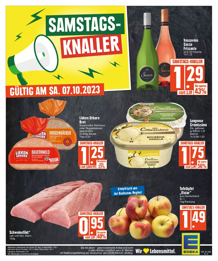 Aktueller Prospekt Edeka - Angebote der Woche - von 02.10 bis 07.10.2023 - strona 28 - produkty: Abtei, auer, Bau, Bauer, Becher, beutel, brot, cremissimo, deka, ecco, eis, filet, flasche, frizzante, korn, langnese, langnese cremissimo, lieken, reis, schnitten, schwein, schweine, schweinefilet, sim, tafeläpfel, Ti, urkorn, vescovino, wein, weine, ZTE