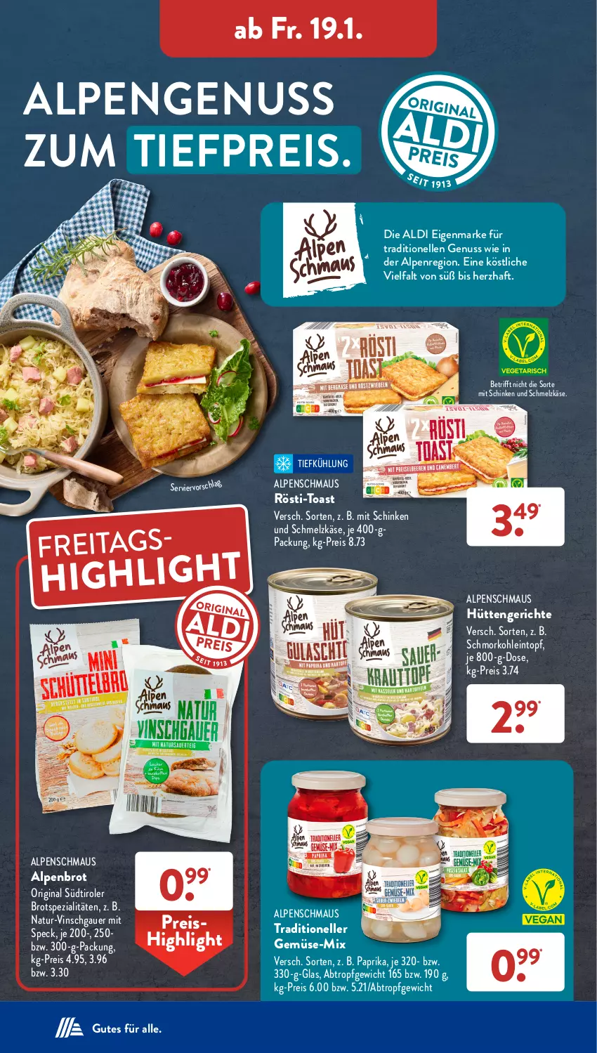 Aktueller Prospekt AldiSud - IN ZWEI WOCHEN - von 15.01 bis 20.01.2023 - strona 19 - produkty: aldi, auer, brot, eintopf, eis, elle, gin, Käse, Maus, natur, nuss, paprika, reis, schinken, Schmelzkäse, Speck, Spezi, südtiroler, Ti, tiefpreis, toast, topf