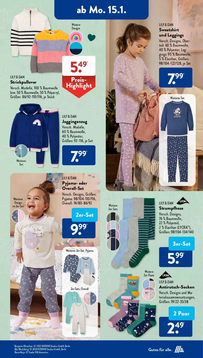 Aktueller Prospekt AldiSud - IN ZWEI WOCHEN - von 15.01 bis 20.01.2023 - strona 5 - produkty: Anzug, Bau, baumwolle, dell, eis, elle, gin, hose, leggings, Mode, Overall, Pullover, Pyjama, reis, Ria, rum, shirt, socken, Strickpullover, Strumpfhose, Sweatshirt, Ti, wolle