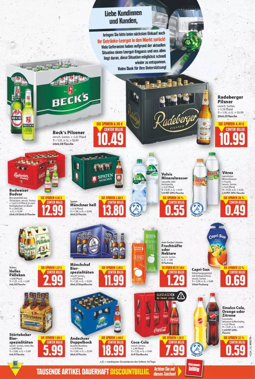 Aktueller Prospekt E Center - Angebote der Woche - von 13.06 bis 18.06.2022 - strona 11 - produkty: Alwa, Berger, bier, bio, bügel, bügelflasche, Cap, capri-sun, coca-cola, cola, eis, elle, erfrischungsgetränk, flasche, frucht, fruchtsäfte, getränk, glasflasche, limo, limonade, mineralwasser, mönchshof, natur, natürliches mineralwasser, Nektar, orange, pils, pilsener, pilsner, radeberger, radeberger pilsner, reis, rel, ring, säfte, sinalco, Spaten, Spezi, störtebeker, Ti, veltins, vitrex, volvic, wasser, zitrone, ZTE