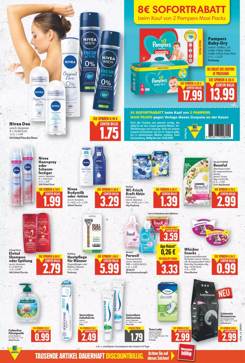 Aktueller Prospekt E Center - Angebote der Woche - von 13.06 bis 18.06.2022 - strona 12 - produkty: alkohol, alleinfuttermittel, aqua, auer, baby-dry, Babypuder, bambus, Becher, beutel, bites, body, body lotion, Bodymilk, Bulldog, bürste, coupon, coupons, creme, deka, deo, discount, Discreet, eis, elvital, ente, feinwaschmittel, flasche, flüssigseife, gin, haarspray, Hautpflege, Käse, kraft, l'oreal, Lotion, natur, natura, nivea, olive, palmolive, pampers, perwoll, purina, rasierer, reis, Ria, Seife, sensodyne, shampoo, snack, snacks, sofortrabatt, spülung, Tasche, taschen, Tena Lady, Ti, vita, waschmittel, whiskas, zahnbürste, zahncreme, ZTE