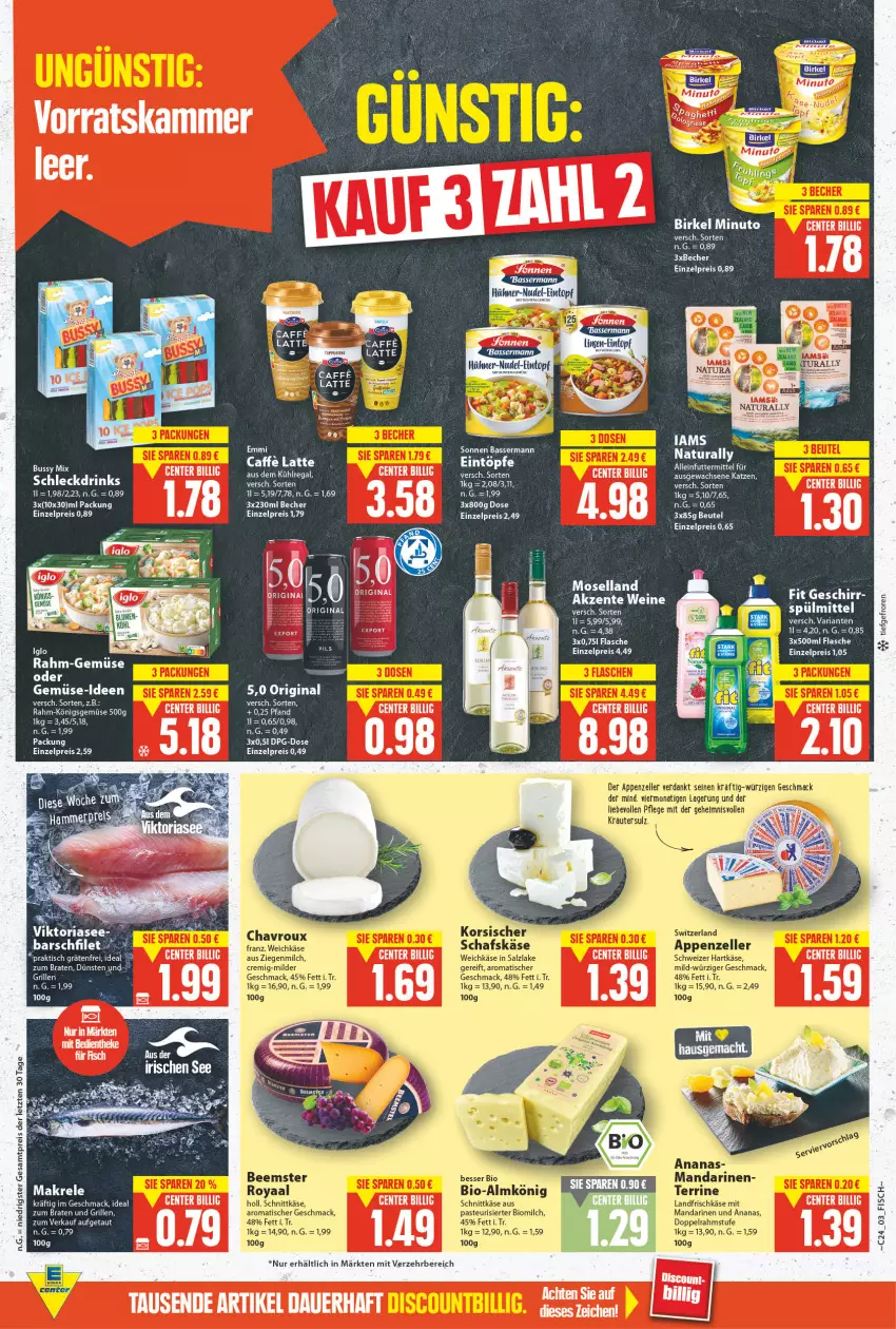 Aktueller Prospekt E Center - Angebote der Woche - von 13.06 bis 18.06.2022 - strona 3 - produkty: alleinfuttermittel, Almkönig, ananas, appenzeller, aus dem kühlregal, Becher, Beemster, beutel, bio, birkel, braten, caffe, chavroux, doppelrahmstufe, drink, drinks, eintopf, eintöpfe, eis, elle, emmi, ente, filet, flasche, frischkäse, gin, grill, hartkäse, hühner, Käse, kräuter, kühlregal, latte, mac, Makrele, mandarine, mandarinen, milch, monati, moselland, natur, natura, nudel, rahm-gemüse, regal, reis, rel, Ria, salz, schafskäse, schnittkäse, schweizer hartkäse, terrine, Ti, tisch, topf, weichkäse, wein, weine