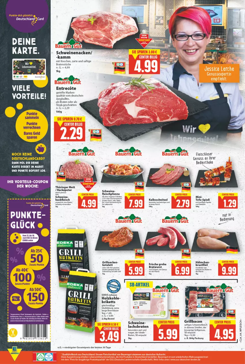 Aktueller Prospekt E Center - Angebote der Woche - von 13.06 bis 18.06.2022 - strona 4 - produkty: auer, bacon, beutel, braten, bratwurst, briketts, brustfilet, buch, coupon, deka, deutschland card, deutschlandcard, eis, ente, filet, fleisch, gewürz, grill, gutschein, hackfleisch, Holz, holzkohle, HP, jungbullen, kalbsschnitzel, kotelett, küche, Küchen, lebensmittel, LG, mac, Mett, natur, nuss, paprika, pfanne, reifen, reis, ring, rwe, saft, schinken, schnitten, schnitzel, schwein, schweine, schweinefleisch, schweinenacken, steak, Tchibo, telefon, Ti, Tofu, wein, weine, wurst, ZTE, zwiebel, zwiebeln