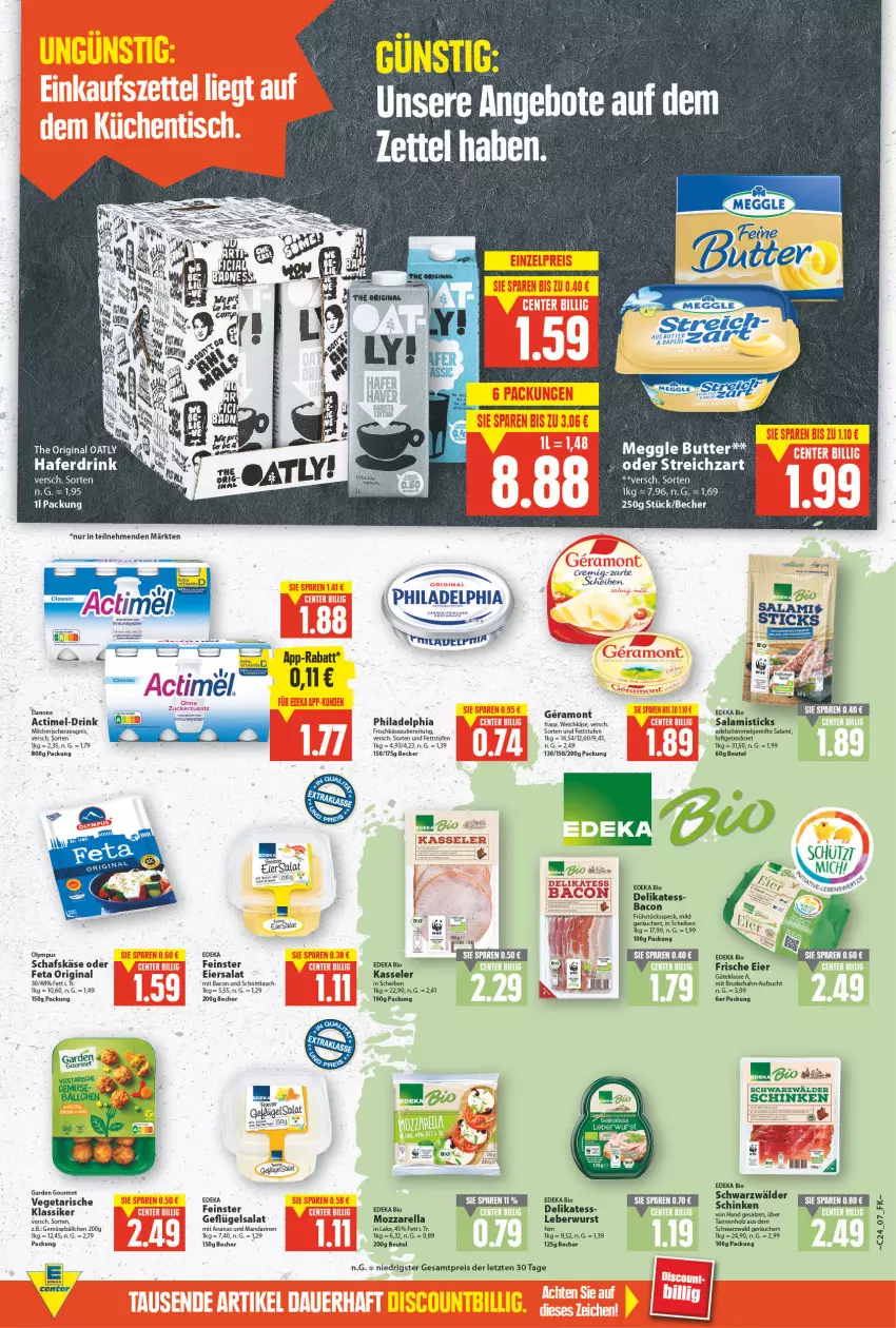 Aktueller Prospekt E Center - Angebote der Woche - von 13.06 bis 18.06.2022 - strona 7 - produkty: actimel, ananas, angebot, angebote, bacon, Becher, beutel, bio, butter, danone, deka, drink, edeka bio, eier, eiersalat, eis, erde, feta, frischkäse, frischkäsezubereitung, Frühstücksspeck, Geflügel, geflügelsalat, gin, hafer, Haferdrink, Käse, kasseler, leberwurst, LG, mandarine, mandarinen, meggle, milch, mozzarella, philadelphia, rapsöl, reis, rel, salami, salat, schafskäse, schinken, schnittlauch, Speck, Streichzart, Ti, Vegeta, wurst, ZTE