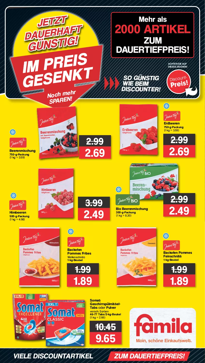 Aktueller Prospekt Famila - Prospekte - von 06.11 bis 11.11.2023 - strona 2 - produkty: auer, backofen, beere, beeren, beutel, bio, dauertiefpreis, discount, eis, elle, erdbeere, erdbeeren, geschirr, geschirrspülmittel, himbeer, himbeere, himbeeren, Ofen, pommes, Pommes Frites, reis, somat, spülmittel, Ti, tiefpreis