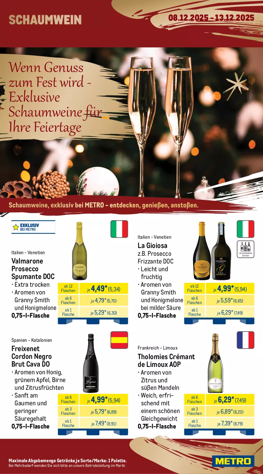 Aktueller Prospekt Metro - Wochen-Angebote - von 08.12 bis 13.12.2025 - strona 15 - produkty: angebot, aperitif, apfel, brut, Cava, crémant de loire, cuvée, decke, ecco, eier, eis, elle, ente, ernesto, flasche, freixenet, frizzante, frucht, früchte, früchten, getränk, getränke, henkel, henkell, henkell sekt, honig, honigmelone, La Gioiosa, limo, mandel, mandeln, melone, Metro, nuss, Palette, perla, pfirsich, prosecco, puma, reis, ring, sac, sekt, spumante, Ti, tiefpreis, valdo, wein, weine