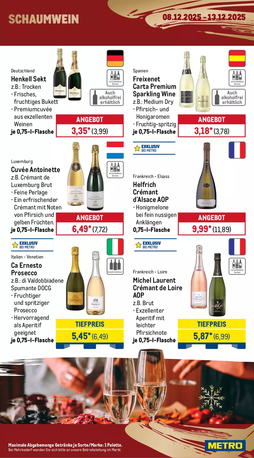 Aktueller Prospekt Metro - Wochen-Angebote - von 08.12 bis 13.12.2025 - strona 16 - produkty: angebot, aperitif, apfel, brut, Cava, crémant de loire, cuvée, decke, ecco, eier, eis, elle, ente, ernesto, flasche, freixenet, frizzante, frucht, früchte, früchten, getränk, getränke, henkel, henkell, henkell sekt, honig, honigmelone, La Gioiosa, limo, mandel, mandeln, melone, Metro, nuss, Palette, perla, pfirsich, prosecco, puma, reis, ring, sac, sekt, spumante, Ti, tiefpreis, valdo, wein, weine
