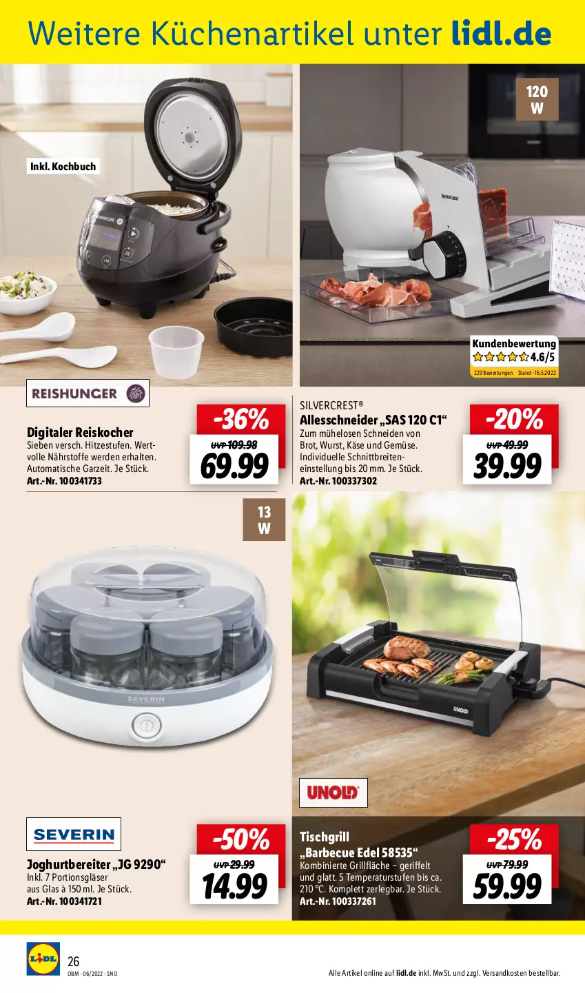 Aktueller Prospekt Lidl - Aktuelle Onlineshop-Highlights - von 01.06 bis 30.06.2022 - strona 26 - produkty: auto, barbecue, Brei, brot, buch, eis, elle, erde, Gläser, grill, grillfläche, joghur, joghurt, Käse, Kocher, küche, Küchen, ndk, reis, silvercrest, Ti, tisch, tischgrill, und gemüse, wurst