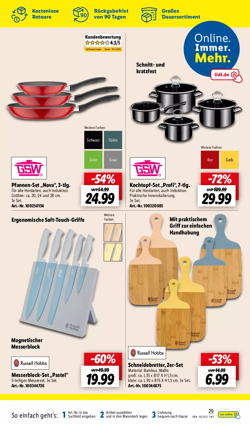 Aktueller Prospekt Lidl - Aktuelle Onlineshop-Highlights - von 01.06 bis 30.06.2022 - strona 29 - produkty: auer, bambus, herdarten, Kochtopf, korb, LG, messer, messerblock, Messerset, pfanne, pfannen, pfannen-set, Ria, schneidebrett, Ti, tisch, topf, topf-set