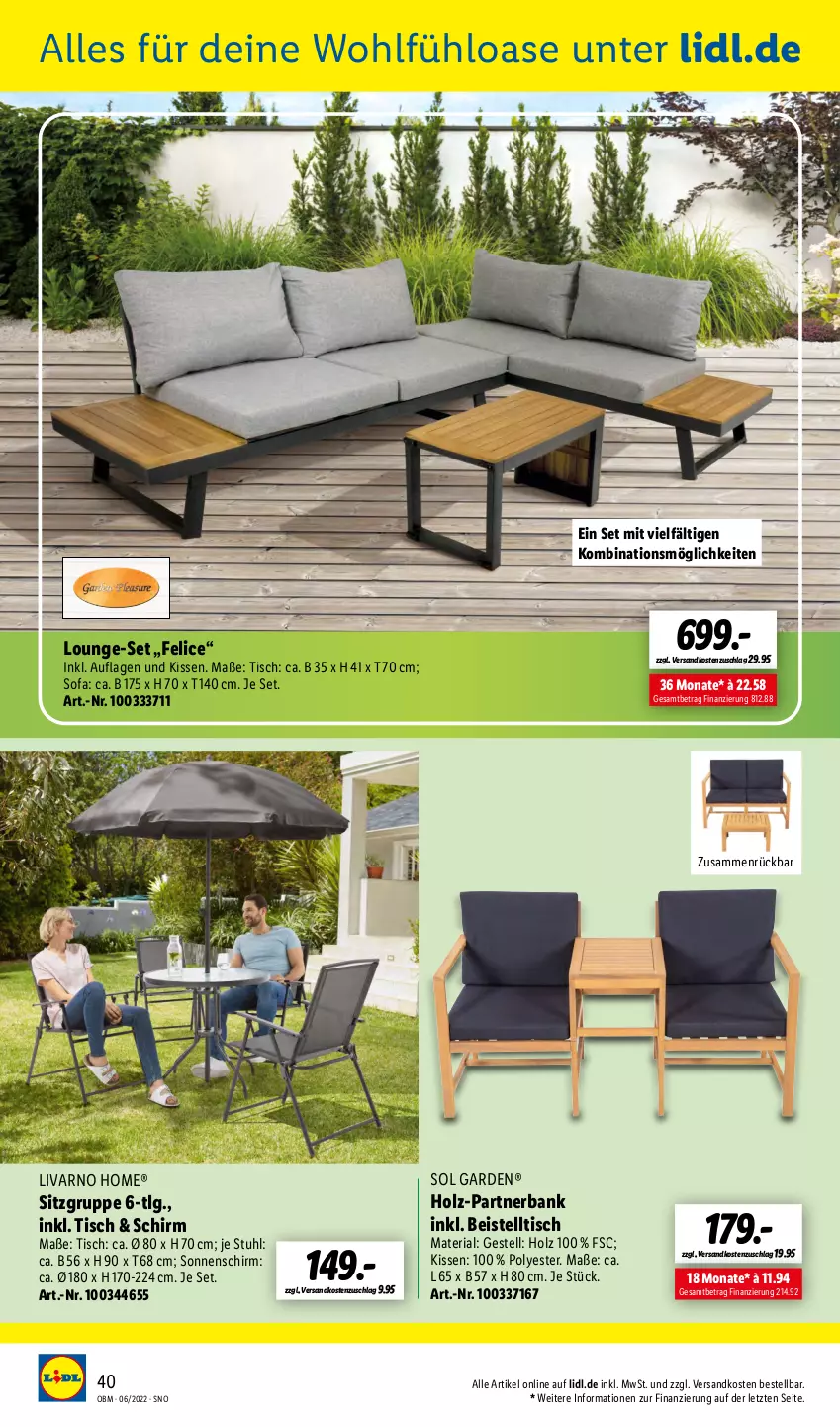 Aktueller Prospekt Lidl - Aktuelle Onlineshop-Highlights - von 01.06 bis 30.06.2022 - strona 40 - produkty: Bank, beistelltisch, eis, Holz, kissen, LG, lounge-set, ndk, Ria, Sofa, sonnenschirm, stuhl, Ti, tisch, ZTE