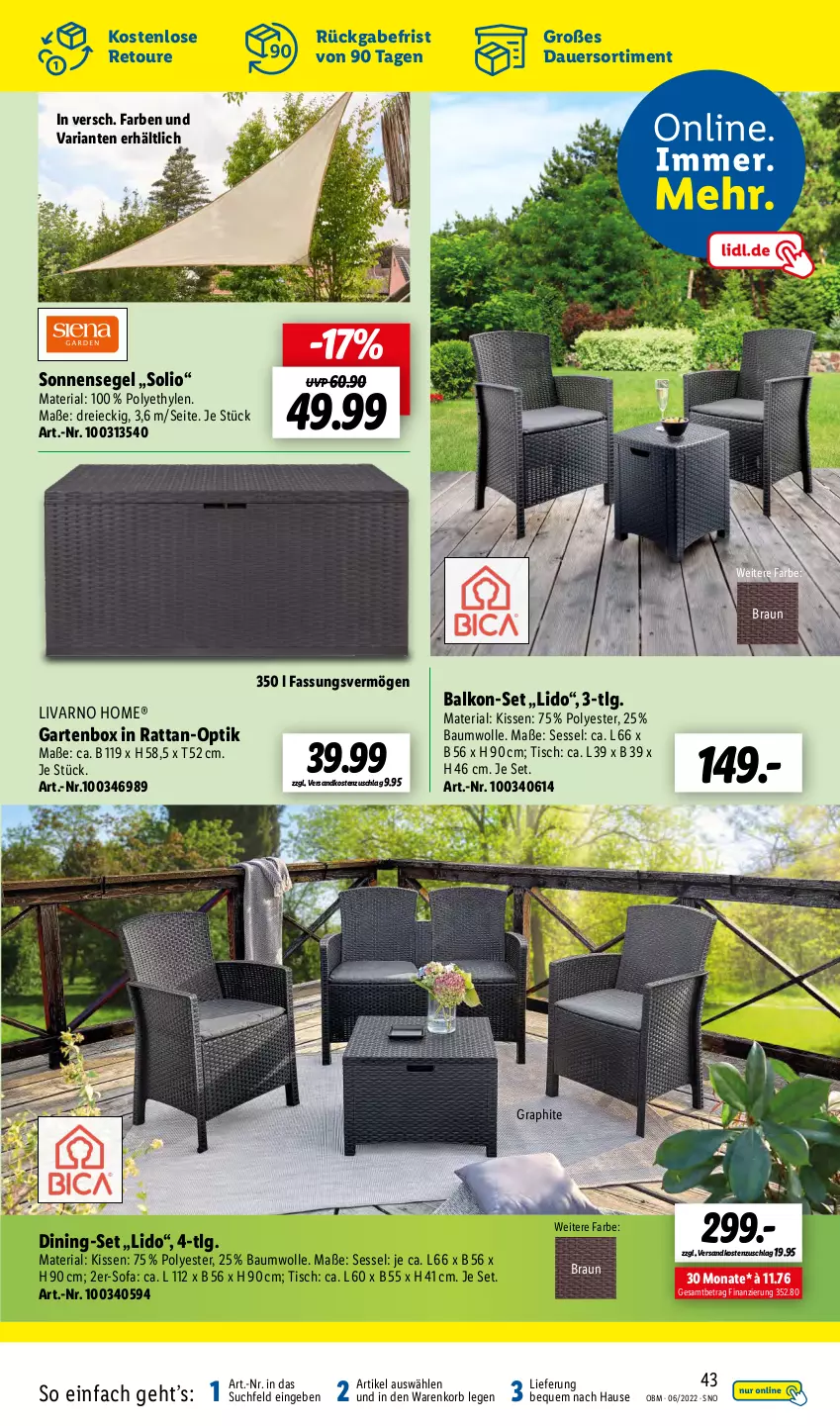 Aktueller Prospekt Lidl - Aktuelle Onlineshop-Highlights - von 01.06 bis 30.06.2022 - strona 43 - produkty: auer, Bau, baumwolle, braun, Garten, kissen, korb, LG, ndk, Ria, sessel, Sofa, sonnensegel, Ti, tisch, wolle