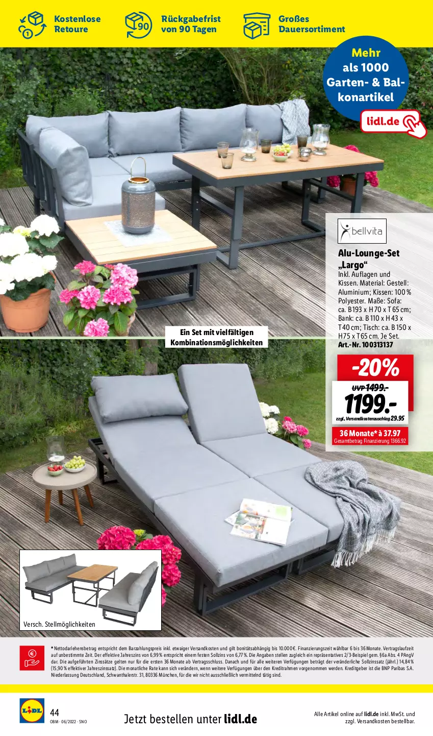 Aktueller Prospekt Lidl - Aktuelle Onlineshop-Highlights - von 01.06 bis 30.06.2022 - strona 44 - produkty: auer, Bank, eis, elle, erde, Garten, kissen, lounge-set, ndk, reis, Ria, Sofa, Ti, tisch