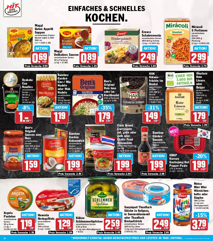 Aktueller Prospekt Hit - Wochenprospekt - von 16.09 bis 21.09.2024 - strona 10 - produkty: aufstrich, bamboo, Becher, beutel, bio, blume, blumen, blumenöl, brot, brotaufstrich, bulgur, curry, delikatess sauce, eier, eis, elle, erasco, filet, filets, fisch, flasche, früchte, gin, hawesta, hering, Herings, heringsfilets, hülsenfrüchte, Kette, kochbeutel, kokos, kokosmilch, Kühne, LG, linsen, maggi, meica, milch, Mirácoli, natur, natura, nudel, nudeln, pastete, reis, ring, sauce, saucen, saupiquet, Schal, Schale, schlemmertöpfchen, senf, sonnenblume, sonnenblumen, sonnenblumenöl, suppe, suppen, thunfisch, Ti, Töpfchen, wok, würstchen, ZTE