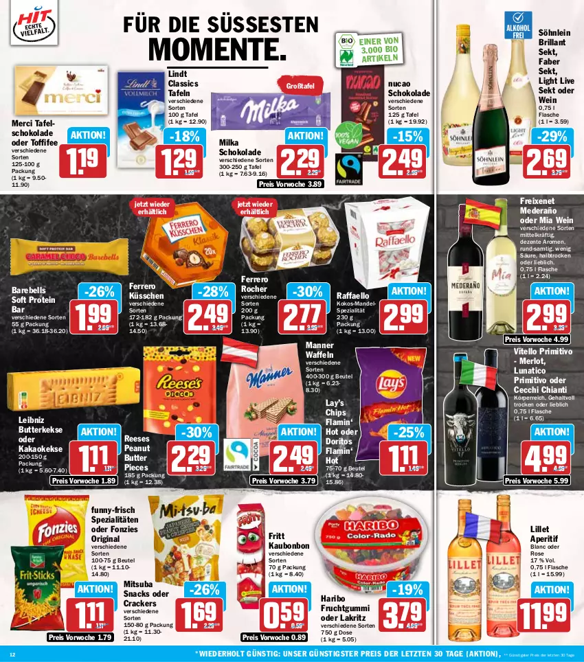 Aktueller Prospekt Hit - Wochenprospekt - von 16.09 bis 21.09.2024 - strona 12 - produkty: aperitif, beutel, bio, brillant sekt, butter, butterkeks, chia, chianti, chips, cracker, Doritos, eis, ente, ferrero, Ferrero Küsschen, Ferrero Rocher, flasche, freixenet, frucht, fruchtgummi, funny-frisch, gin, haribo, kakao, keks, kekse, kokos, Lakritz, leibniz, lillet, lindt, mandel, Manner, merci, merl, merlot, milka, milka schokolade, oder lakritz, peanut butter, primitivo, raffaello, rebell, reis, schoko, schokolade, sekt, snack, snacks, söhnlein, söhnlein brillant, Spezi, tafelschokolade, Ti, toffifee, waffeln, wein, ZTE