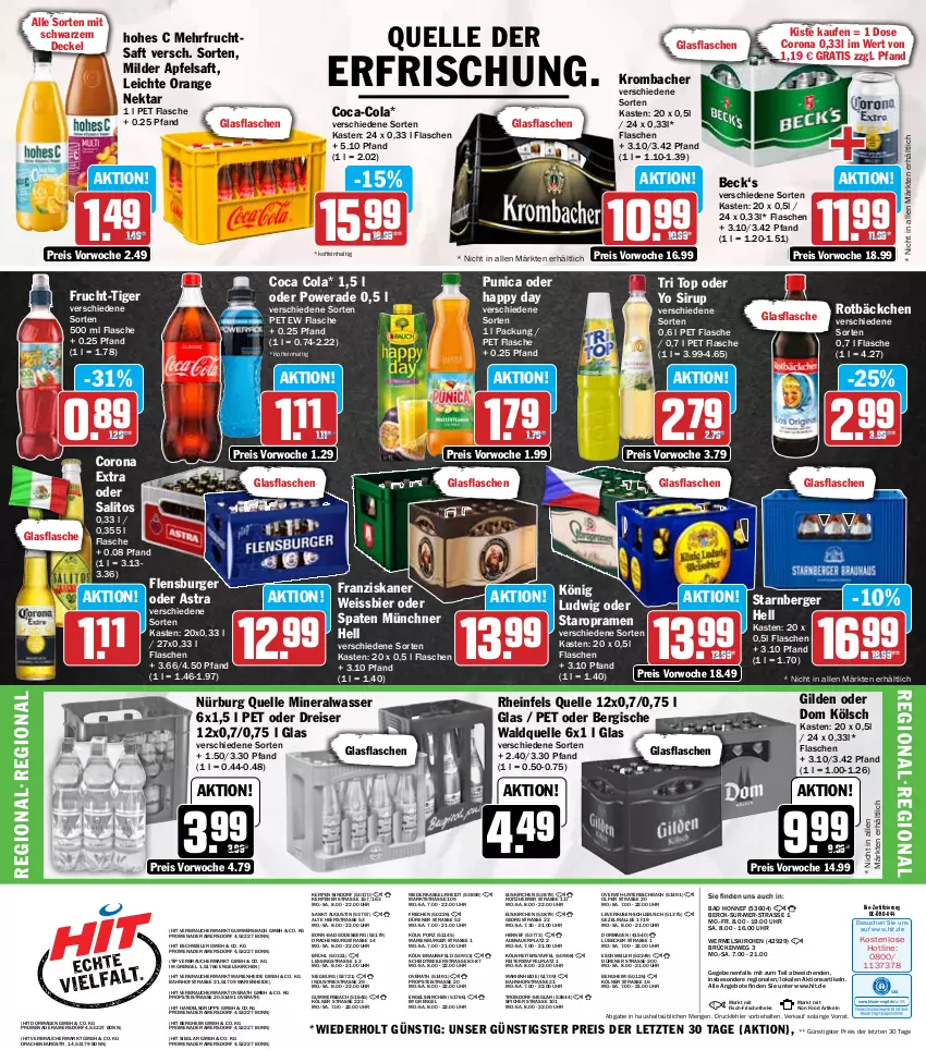 Aktueller Prospekt Hit - Wochenprospekt - von 16.09 bis 21.09.2024 - strona 16 - produkty: Alwa, angebot, angebote, apfel, apfelsaft, Astra, auer, Bad, Berger, bier, bio, braun, burger, coca-cola, cola, corona, corona extra, decke, Deckel, eimer, eis, elle, Engel, fisch, flasche, flensburger, franziskaner, frucht, fruchtsaft, glasflasche, Happy Day, Hohes C, krombache, krombacher, Lübecker, mineralwasser, Nektar, orange, punica, Rauch, reis, rheinfels quelle, saft, sirup, Spaten, Staropramen, Ti, uhr, Waldquelle, wasser, weissbier, Yo, ZTE