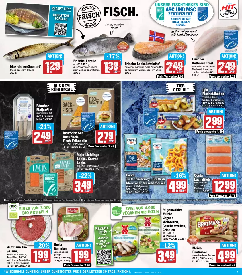 Aktueller Prospekt Hit - Wochenprospekt - von 16.09 bis 21.09.2024 - strona 7 - produkty: aqua, aus dem kühlregal, axe, backfisch, bio, braten, bratmaxe, ciabatta, dell, eis, elle, filet, filets, fisch, fische, Fischer, fischstäbchen, fischtheke, fleisch, forelle, frischfisch, frutti di mare, geschnetzeltes, Graved Lachs, grill, herta, hot dog, ideal zum grillen, iglo, kotelett, kühlregal, lachs, lachsfilet, lachsfilets, Makrele, matjes, Matjesfilet, meica, Ofen, Rauch, regal, reis, rel, rind, ring, Rotbarsch, rotbarschfilet, rügenwalder, saft, salami, Schere, schinken, schnitten, teller, Ti, Tintenfischringe, Trüffel, Weißwurst, wiltmann, wurst, Zelt, ZTE