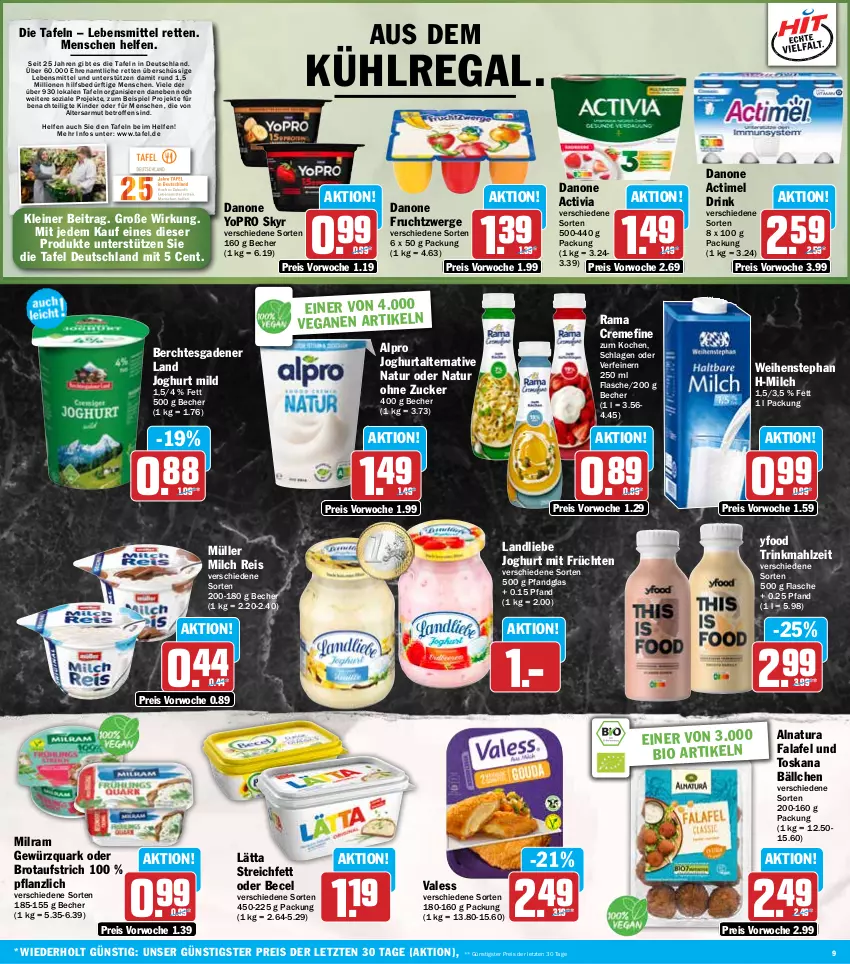 Aktueller Prospekt Hit - Wochenprospekt - von 16.09 bis 21.09.2024 - strona 9 - produkty: actimel, actimel drink, activia, alpro, aufstrich, becel, Becher, bio, brot, brotaufstrich, creme, danone, danone actimel drink, danone activia, danone fruchtzwerge, drink, eis, Falafel, flasche, frucht, früchte, früchten, fruchtzwerge, gewürz, gewürzquark, joghur, joghurt, joghurt mild, Kinder, kühlregal, landliebe, landliebe joghurt, lätta, lebensmittel, leine, lion, milch, milram, Müller, natur, natura, quark, rama, rama cremefine, regal, reis, Skyr, Ti, weihenstephan, Yo, ZTE, zucker