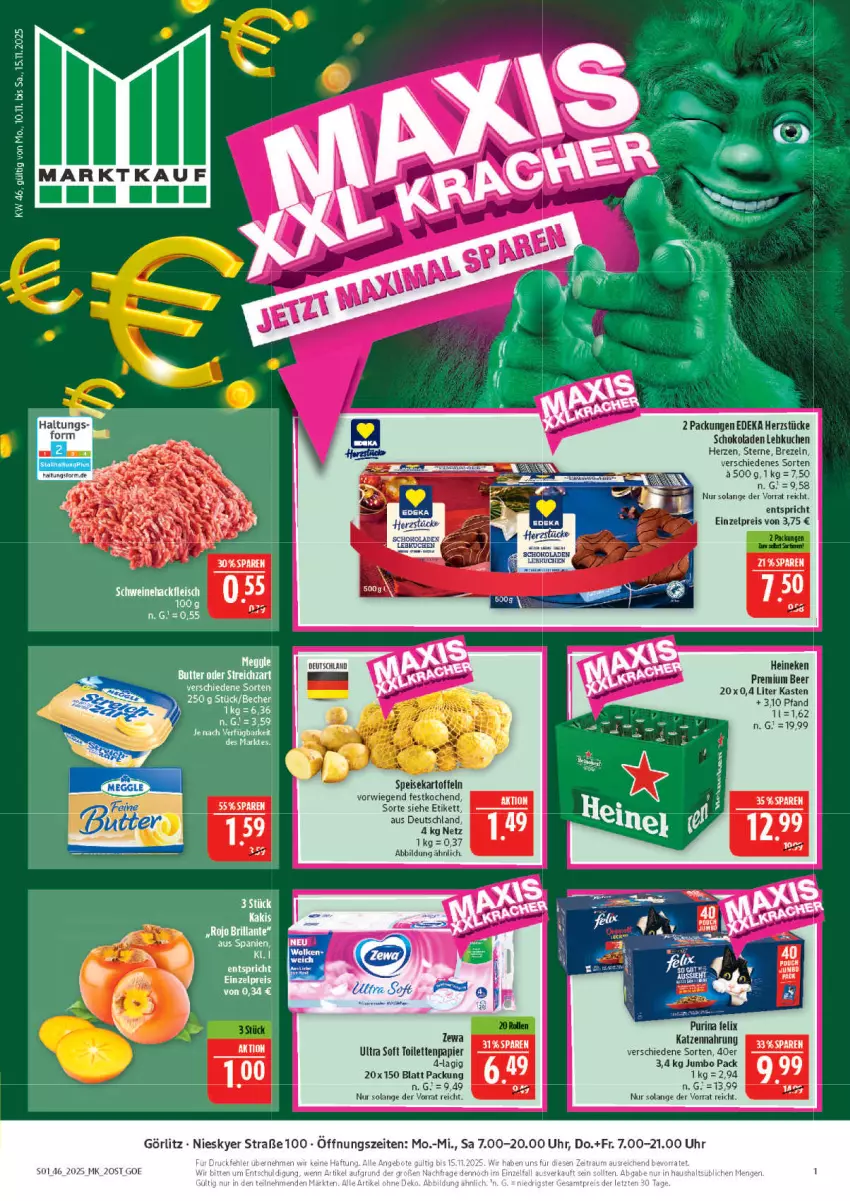 Aktueller Prospekt Marktkauf - Prospekt - von 09.11 bis 15.11.2025 - strona 1 - produkty: brezel, Brezeln, butter, deka, eis, felix, fleisch, hackfleisch, heineken, jumbo, Kaki, kartoffel, kartoffeln, katzennahrung, kuchen, Lebkuchen, meggle, papier, purina, reis, schoko, schokolade, schokoladen, schwein, schweine, Schweinehackfleisch, speisekartoffeln, Streichzart, Ti, uhr, wein, weine