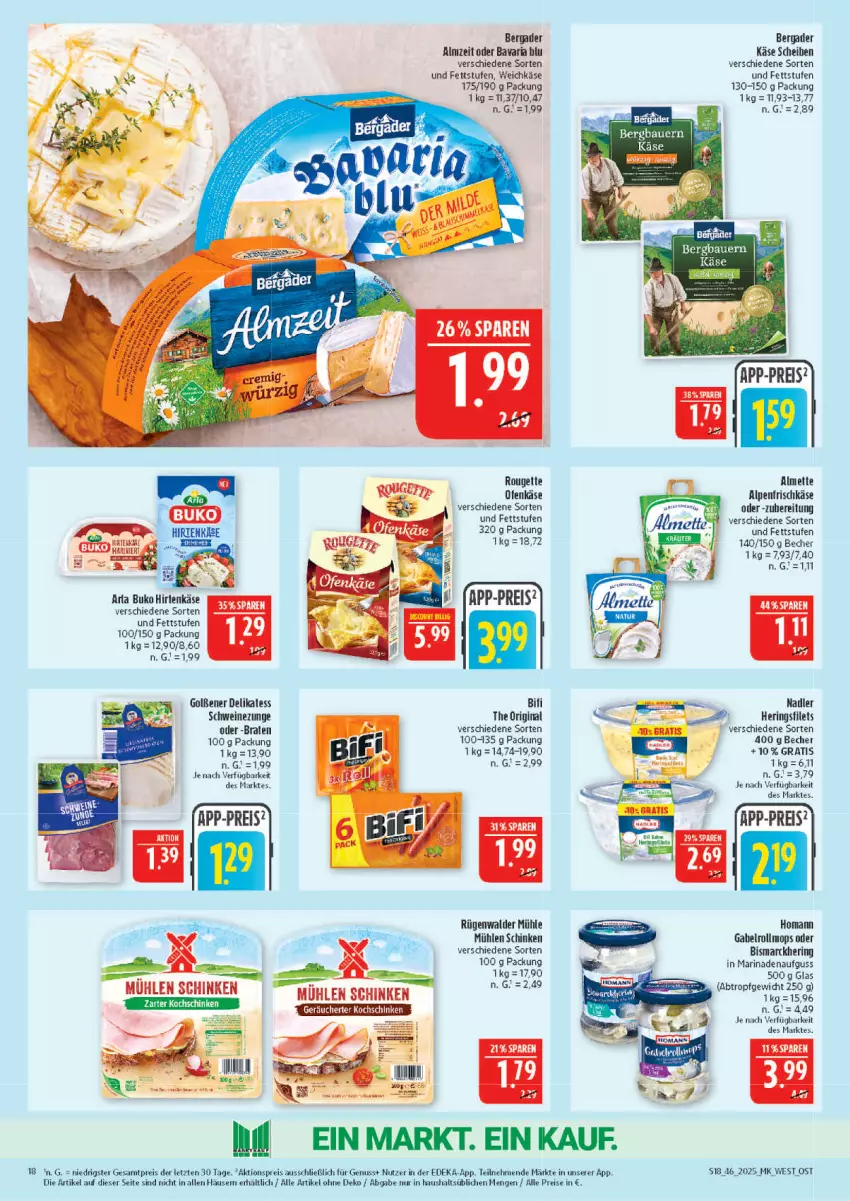 Aktueller Prospekt Marktkauf - Prospekt - von 09.11 bis 15.11.2025 - strona 18 - produkty: aktionspreis, alpenfrischkäse, arla, arla buko, auer, Bau, Bauer, bavaria blu, Becher, bergader, bifi, bismarck, braten, Buko, deka, eis, filet, filets, frischkäse, gabel, gin, hering, Herings, heringsfilets, hirtenkäse, homann, Käse, leine, marinade, mühlen schinken, nuss, Ofen, Ofenkäse, reis, Ria, ring, rouge, rougette, rügenwalder, rügenwalder mühle, schinken, schwein, schweine, Schweinezunge, Ti, weichkäse, wein, weine, ZTE