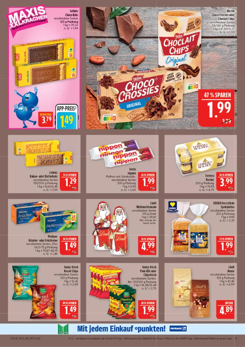 Aktueller Prospekt Marktkauf - Prospekt - von 09.11 bis 15.11.2025 - strona 21 - produkty: butter, butterkeks, chips, choco crossies, crossies, deka, eis, früchte, Früchtetee, funny-frisch, kakao, keks, kräuter, leibniz, lindt, nippon, pom-bär, reis, schoko, schokolade, tee, Ti