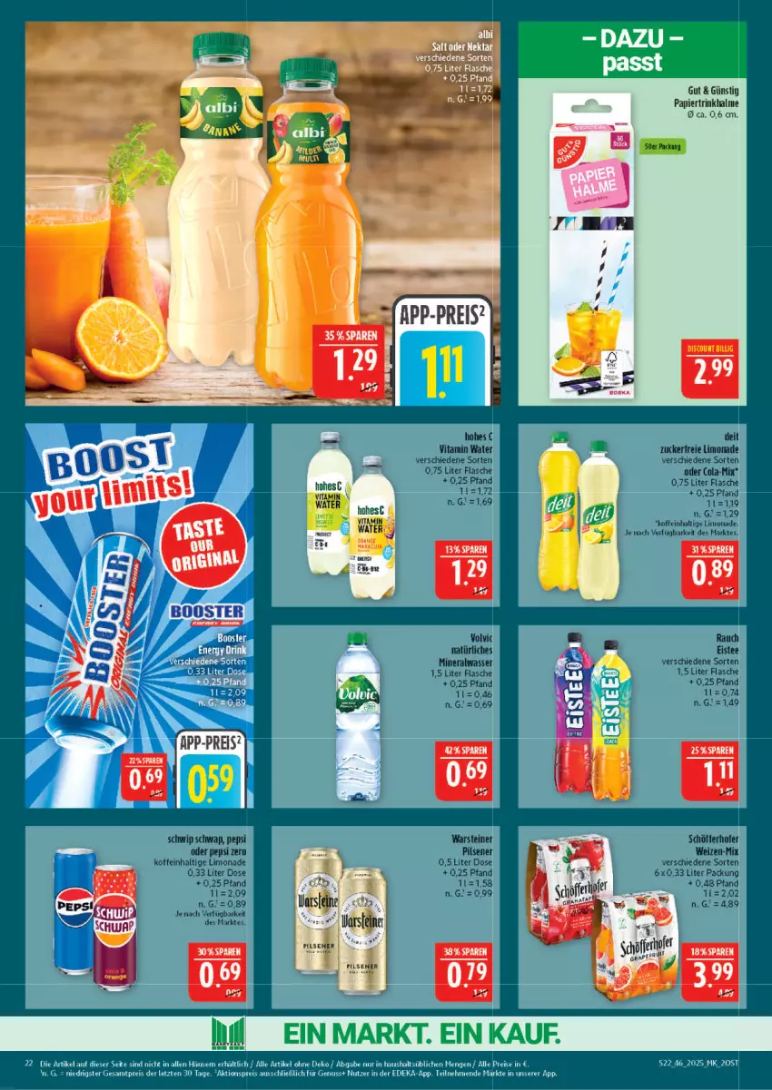 Aktueller Prospekt Marktkauf - Prospekt - von 09.11 bis 15.11.2025 - strona 22 - produkty: aktionspreis, Alwa, cola, deit, deka, discount, eis, eistee, flasche, Hohes C, limo, limonade, mineralwasser, natürliches mineralwasser, nuss, papier, pepsi, pils, pilsener, Rauch, reis, schöfferhofer, tee, Ti, Trinkhalme, vita, volvic, volvic natürliches, wasser, ZTE, zucker