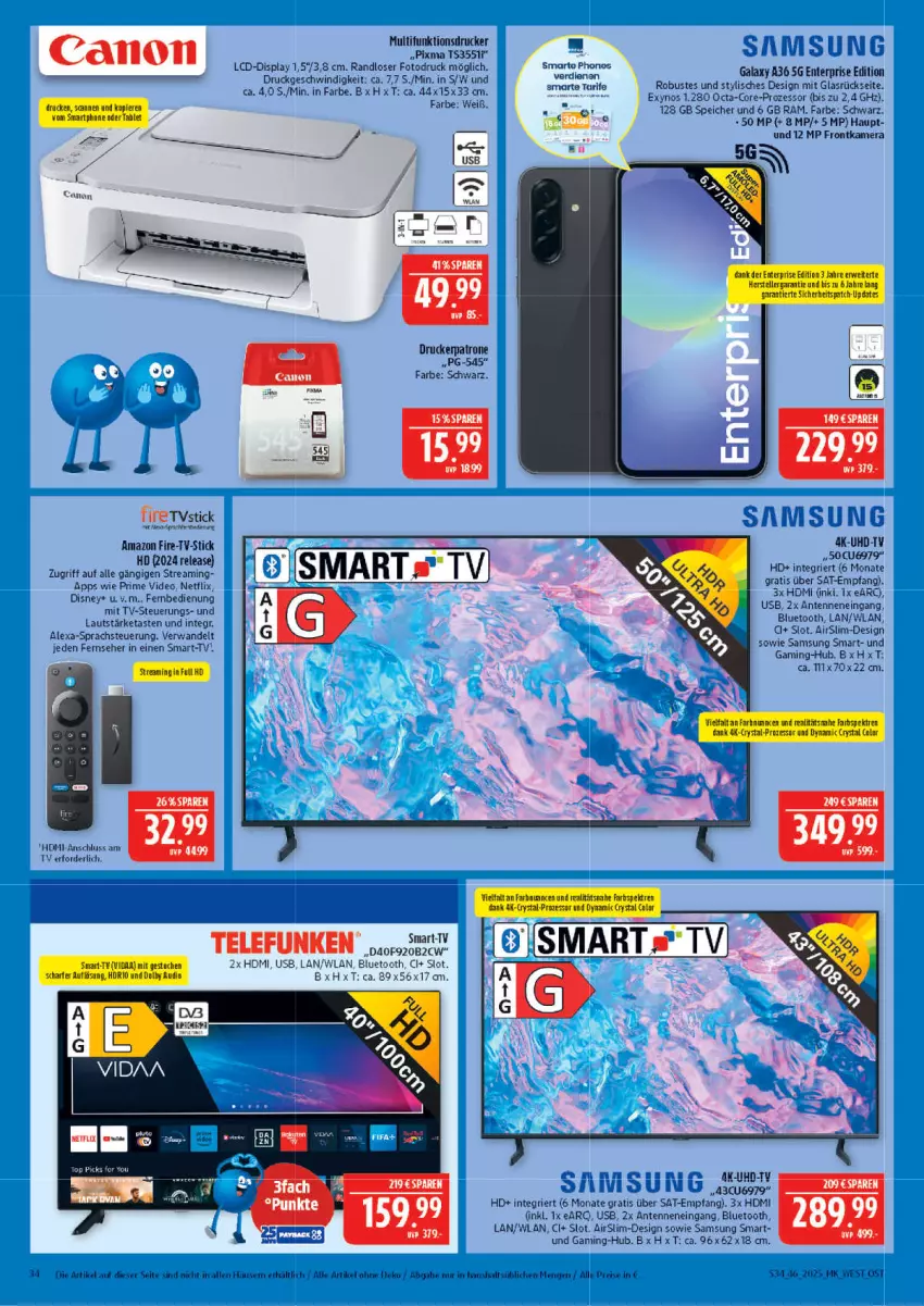 Aktueller Prospekt Marktkauf - Prospekt - von 09.11 bis 15.11.2025 - strona 34 - produkty: alexa, canon, deo, disney, drucker, eis, ente, fernbedienung, fernseher, frontkamera, HDMI, kamera, multifunktionsdrucker, netflix, reis, rel, Samsung, tee, telefunken, Ti, uhd, UHD-TV, usb